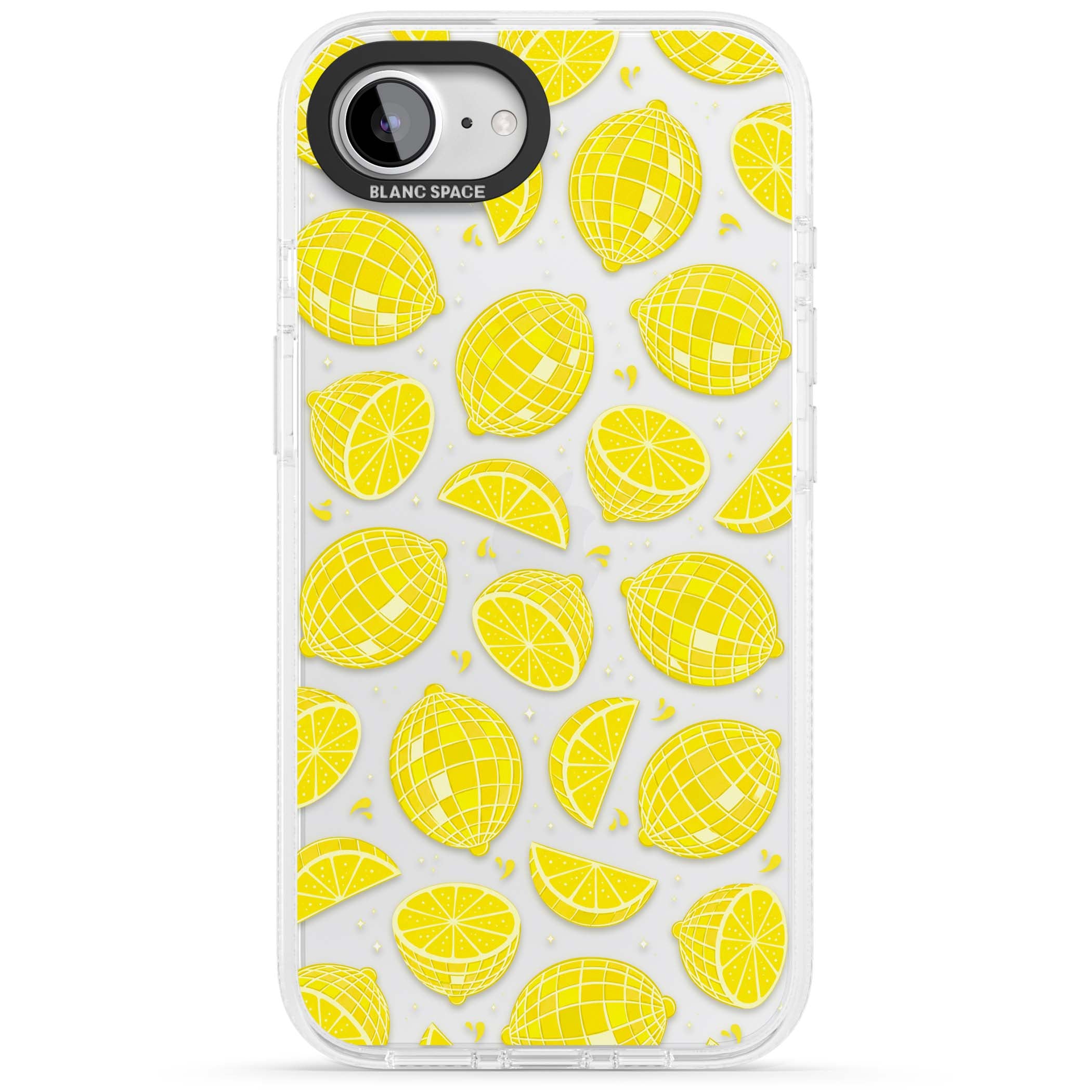 Disco Lemons citrus iPhone case featuring mirrorball lemons, sliced fruit and sparkle accents | Clear Case Impact Air case for iPhone 16e, iPhone 17e