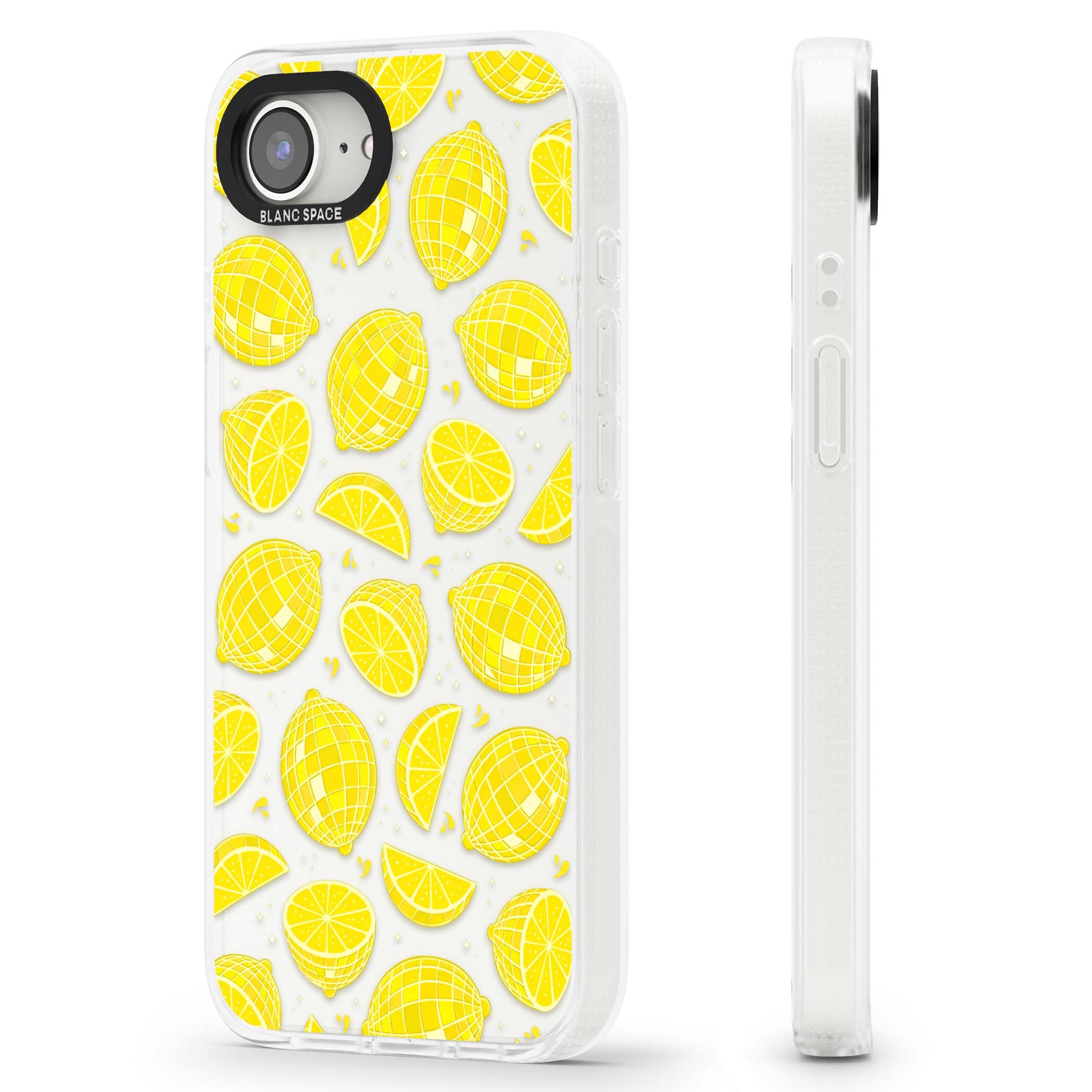 Disco Lemons citrus iPhone case featuring mirrorball lemons, sliced fruit and sparkle accents | Clear Case Impact Air case for iPhone 16e, iPhone 17e