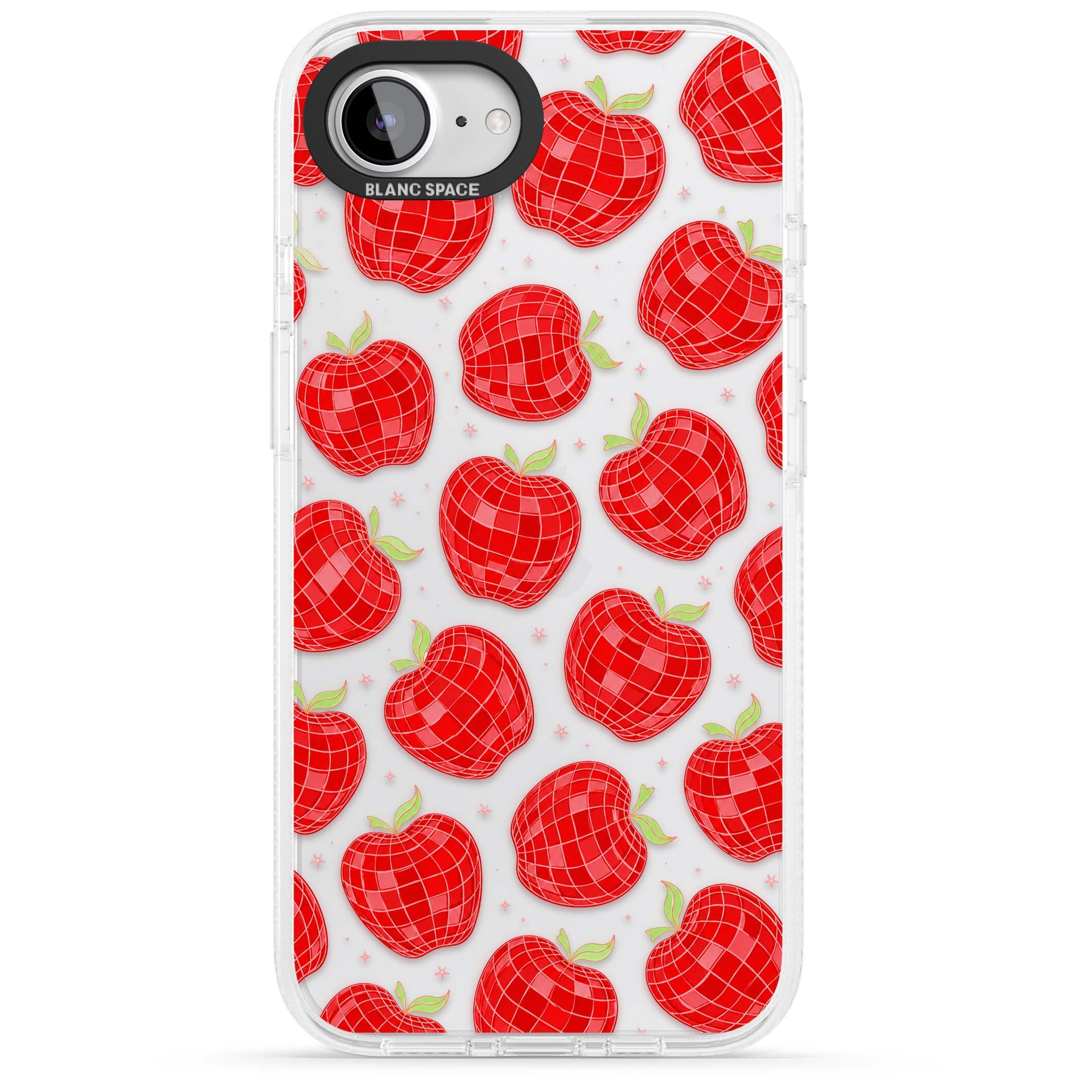 Disco Apples Y2K iPhone case featuring red disco ball apples, green leaves and pink sparkles on clear | Clear Case Impact Air case for iPhone 16e, iPhone 17e