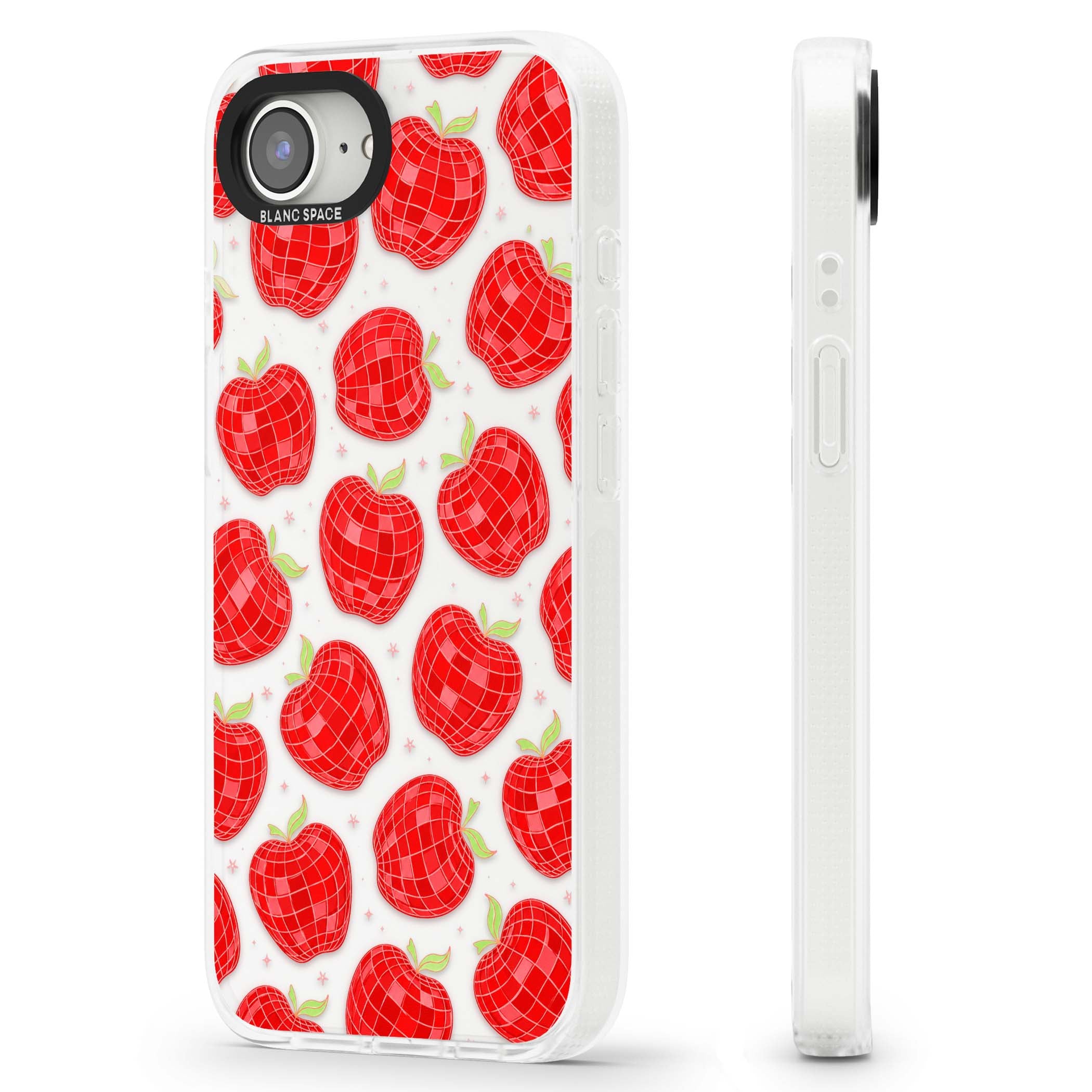 Disco Apples Y2K iPhone case featuring red disco ball apples, green leaves and pink sparkles on clear | Clear Case Impact Air case for iPhone 16e, iPhone 17e
