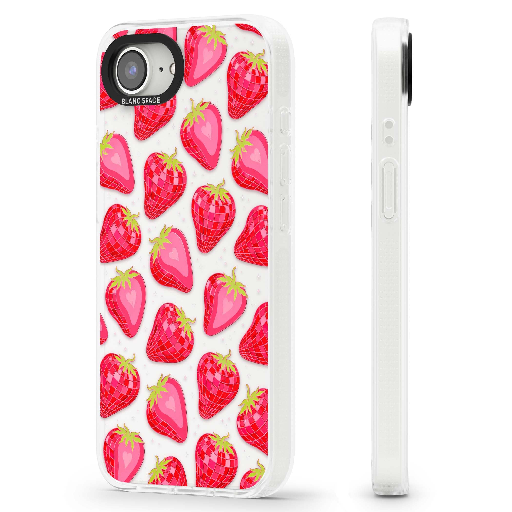 Disco Strawberry Y2K iPhone case featuring pink disco-ball strawberries, green leaves and tiny sparkles | Clear Case Impact Air case for iPhone 16e, iPhone 17e