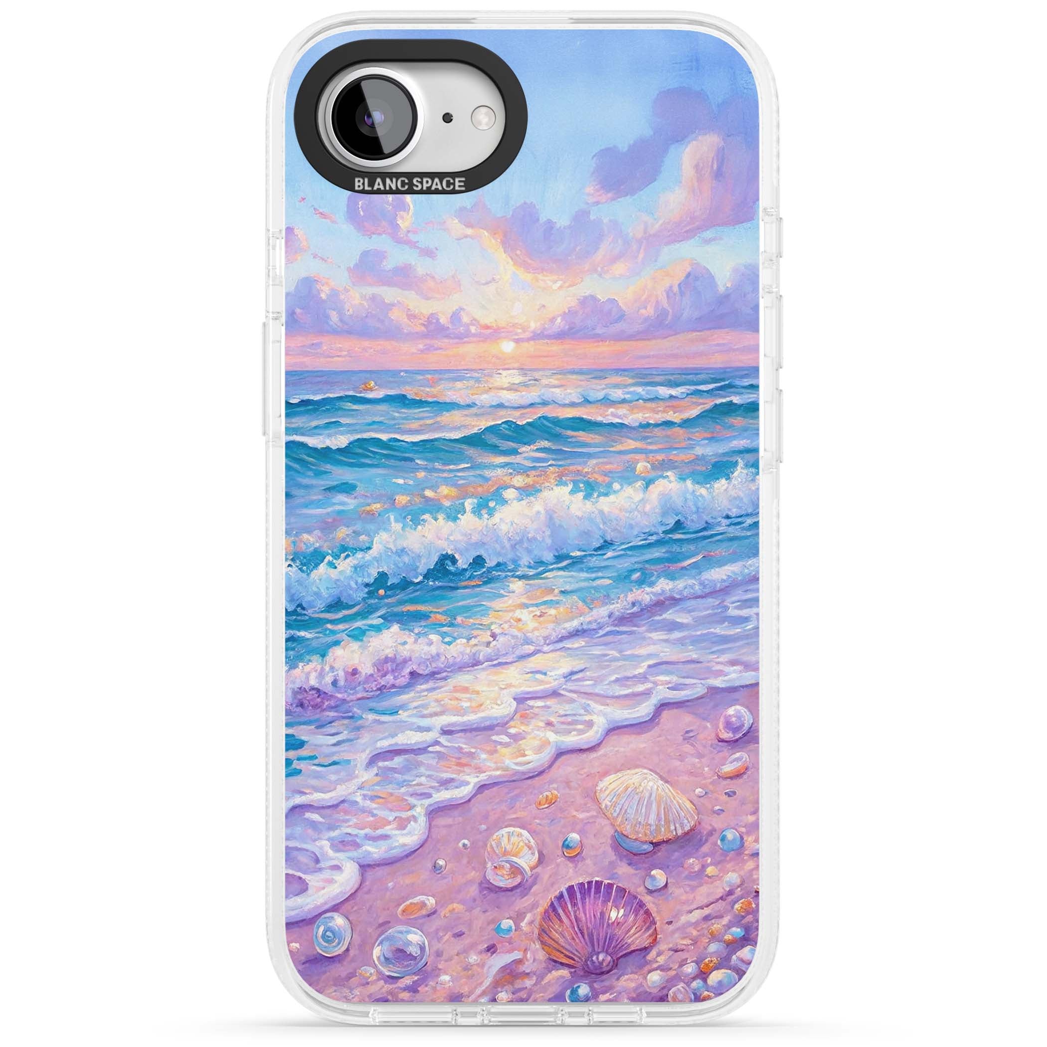 Pearl Shore coastal iPhone case featuring pastel painted waves, seashells, and a sunrise sky over a lavender beach. | Clear Case Impact Air case for iPhone 16e, iPhone 17e