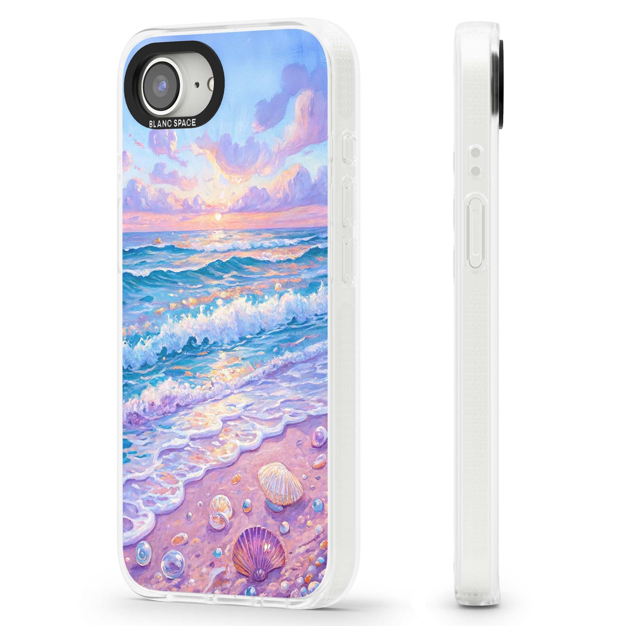 Pearl Shore coastal iPhone case featuring pastel painted waves, seashells, and a sunrise sky over a lavender beach. | Clear Case Impact Air case for iPhone 16e, iPhone 17e