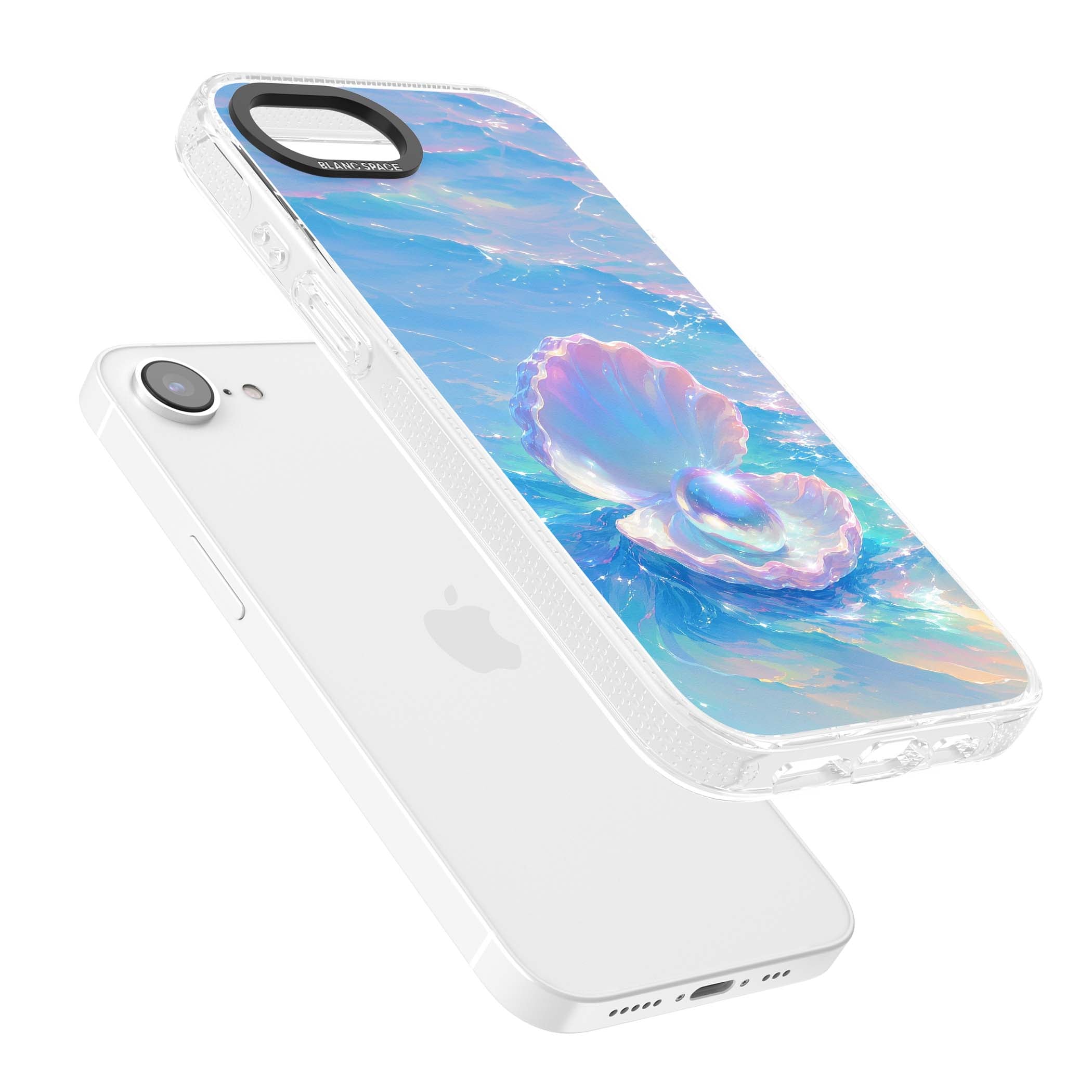 The Pearl Clam mermaidcore iPhone case featuring iridescent seashell, glowing pearl and pastel ocean waves | Clear Case Impact Air case for iPhone 16e, iPhone 17e