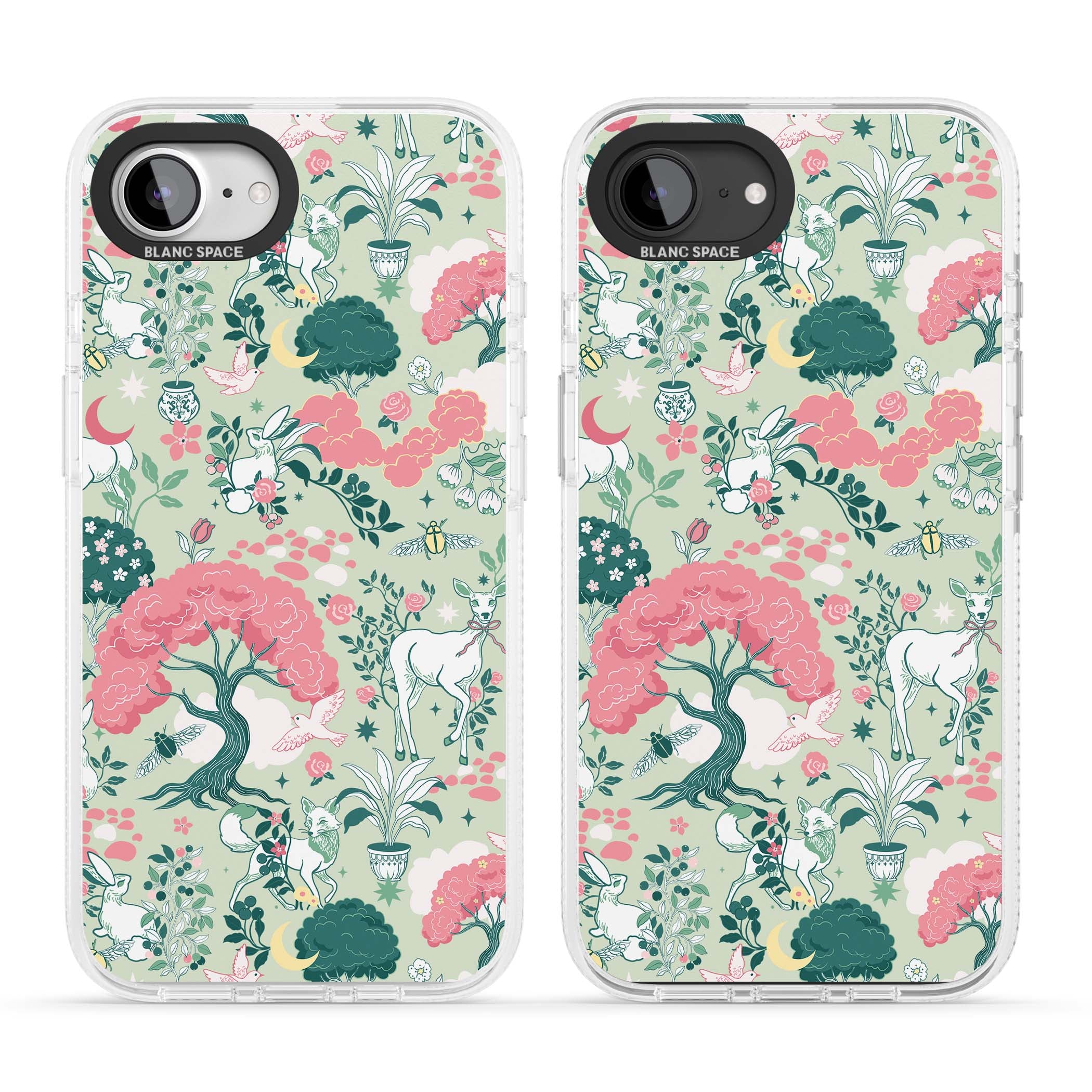 Enchanted Woodland cottagecore iPhone case featuring white deer, pink roses, mushrooms and woodland animals on sage green | Clear Case Impact Air case for iPhone 16e, iPhone 17e