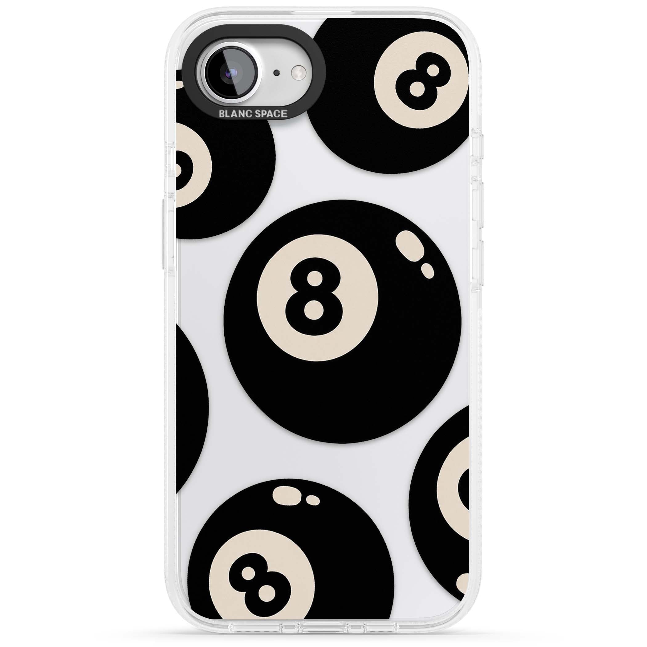 Eights y2k iPhone case featuring scattered black 8 balls with cream highlights on a clear background | Clear Case Impact Air case for iPhone 16e, iPhone 17e