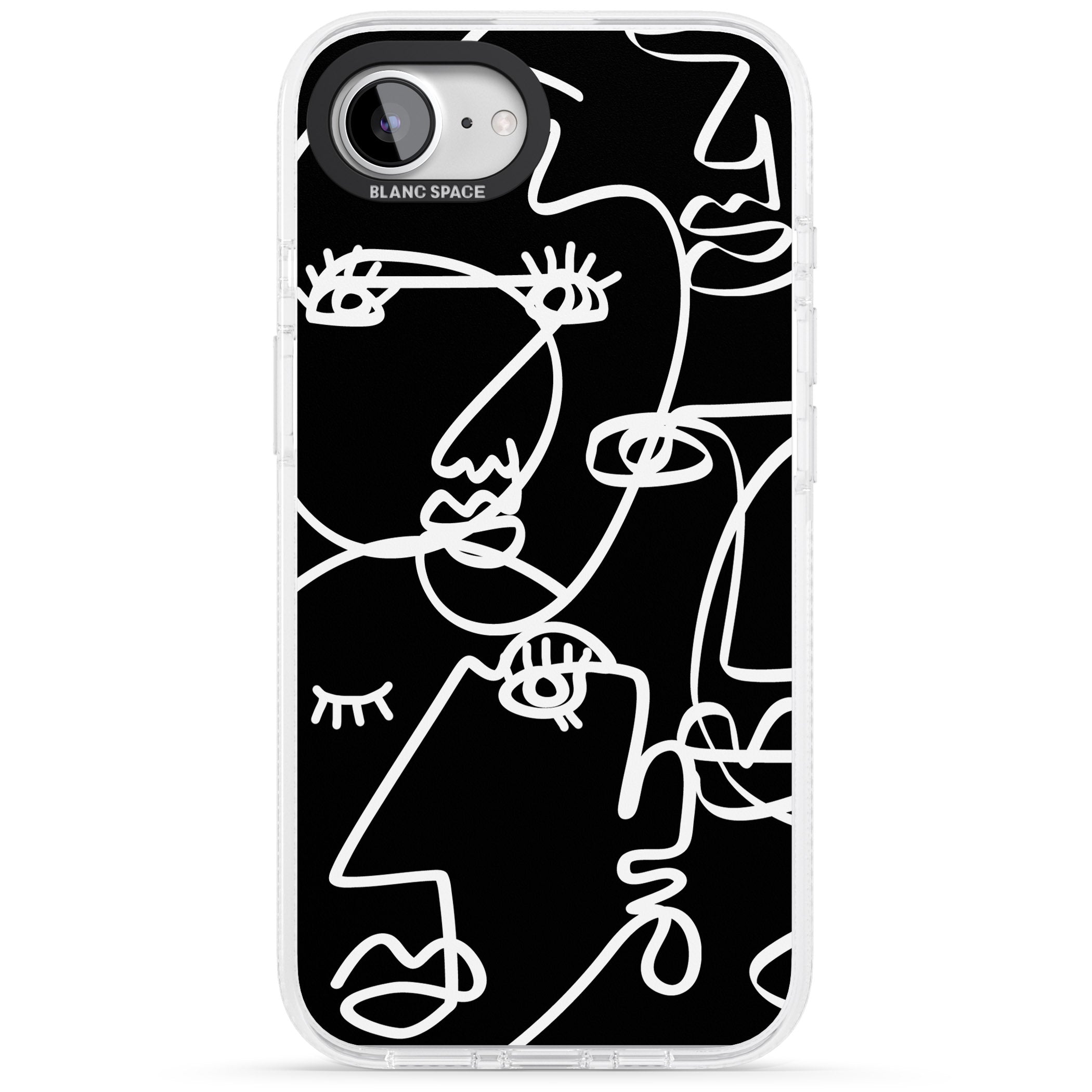 Abstract Continuous Line Faces White on Black iPhone 16e Clear Case Impact Air - Blanc Space