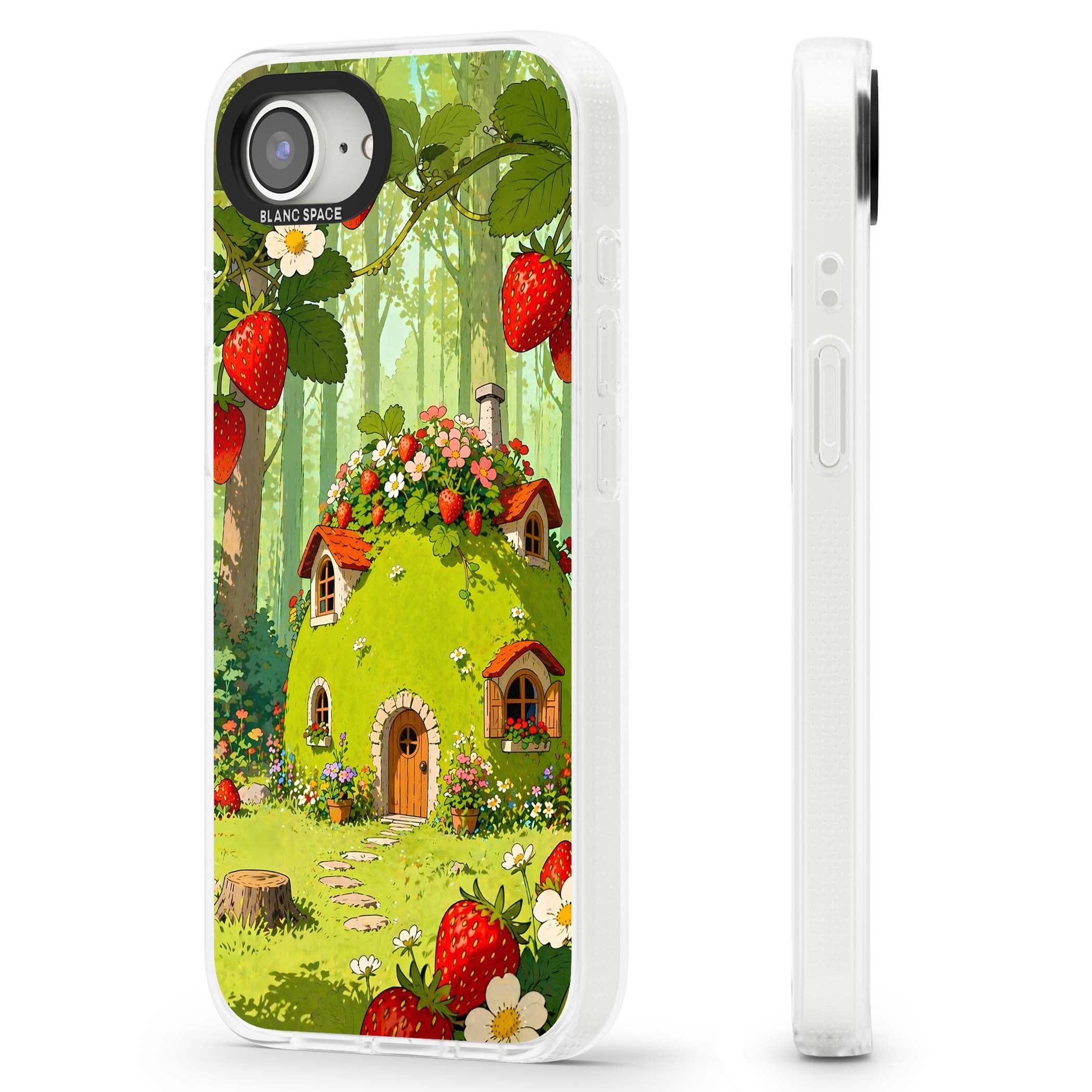 Strawberry Cottage cottagecore iPhone case featuring a green fairy house, wild strawberries and enchanted forest flowers | Clear Case Impact Air case for iPhone 16e, iPhone 17e