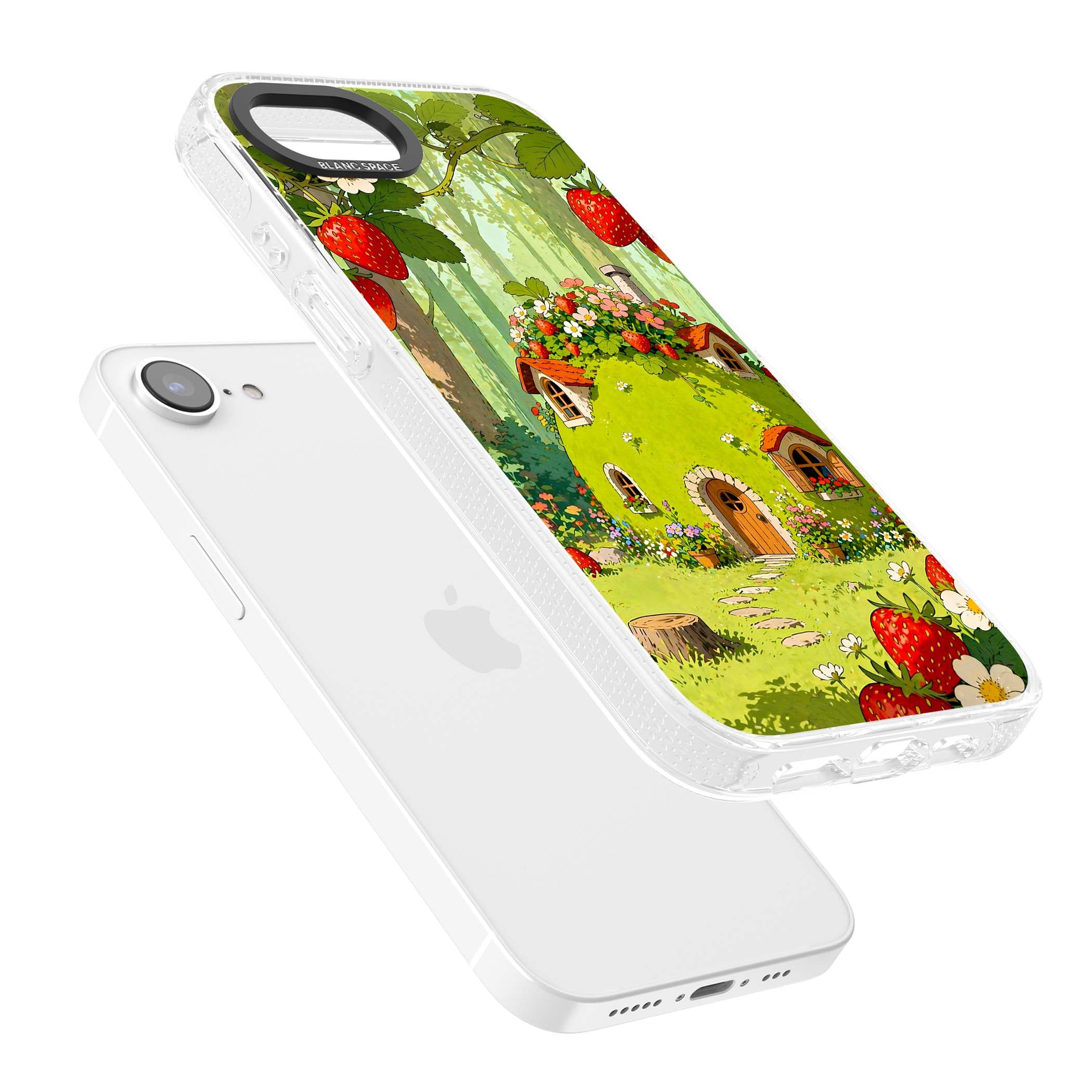 Strawberry Cottage cottagecore iPhone case featuring a green fairy house, wild strawberries and enchanted forest flowers | Clear Case Impact Air case for iPhone 16e, iPhone 17e