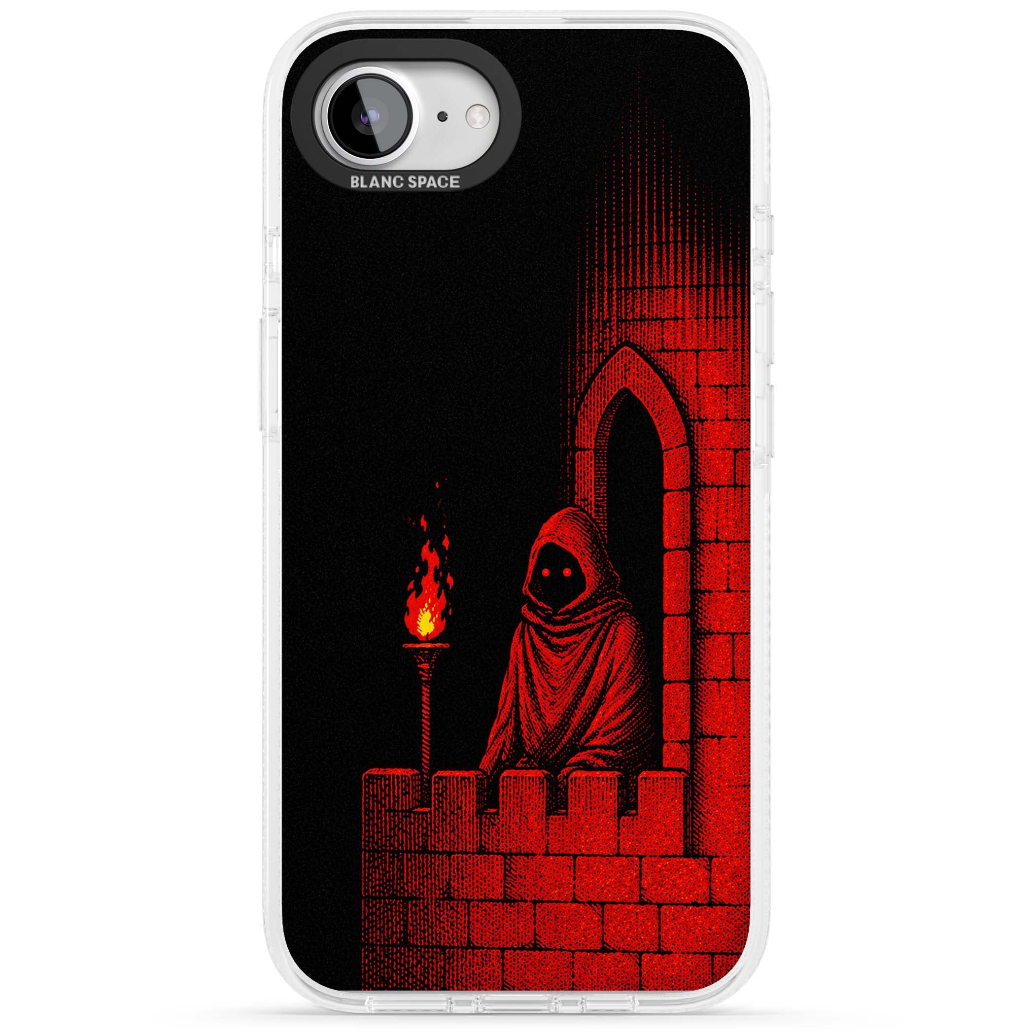 Crimson Crypt gothic iPhone case featuring a hooded reaper, torchlit crypt archway and red halftone horror art | Clear Case Impact Air case for iPhone 16e, iPhone 17e