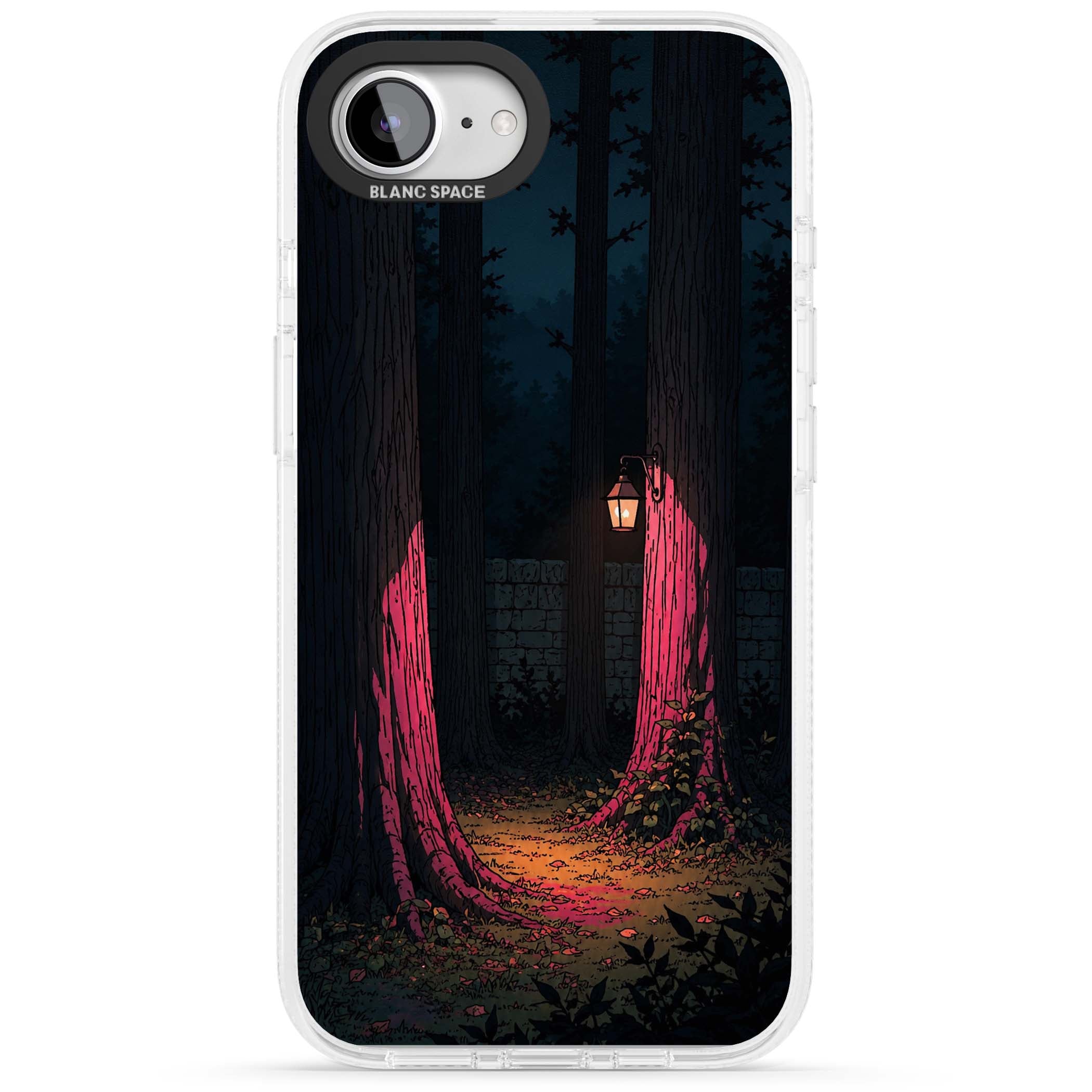 Forest Lantern dark academia iPhone case featuring a moonlit forest, glowing lantern, and stone wall pathway | Clear Case Impact Air case for iPhone 16e, iPhone 17e