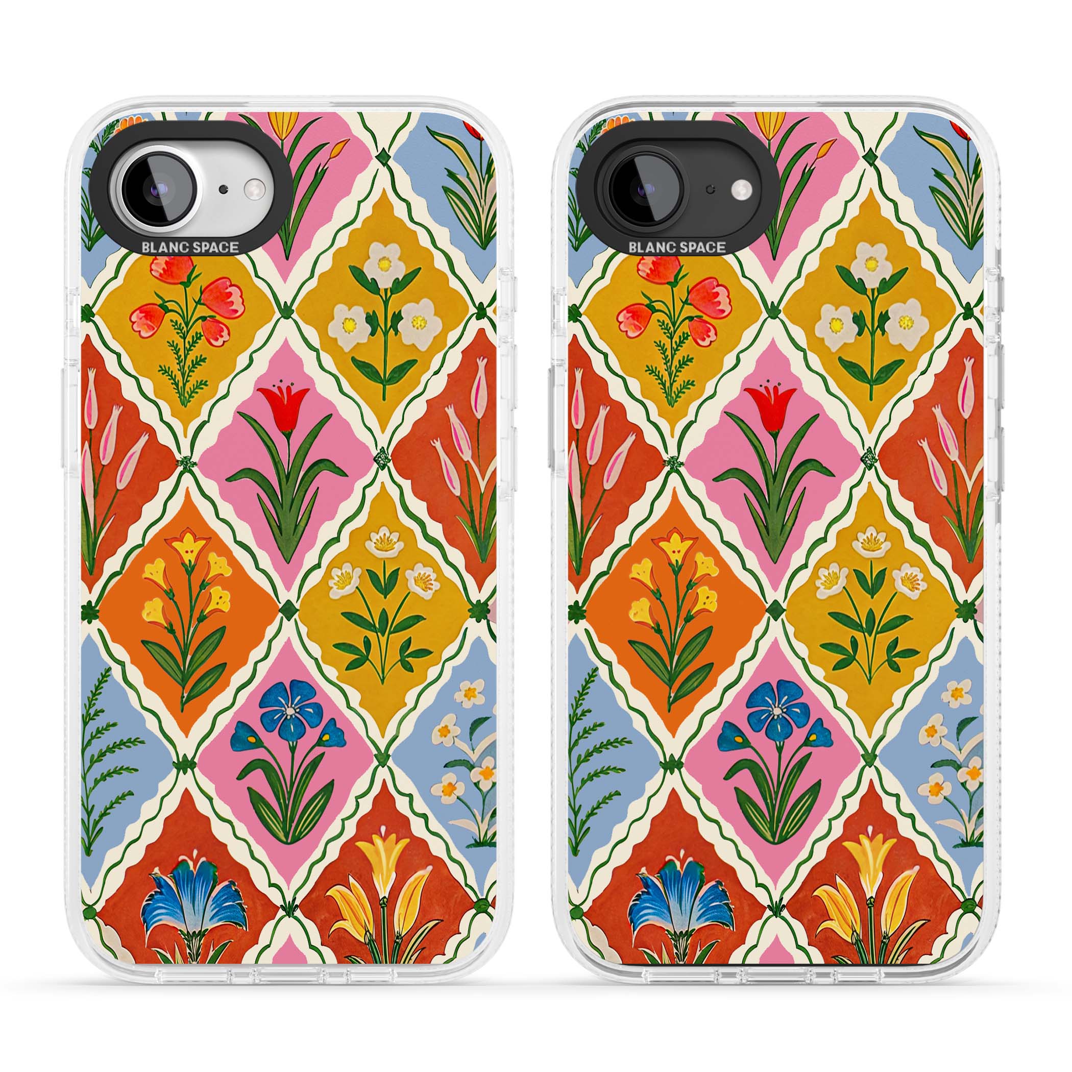 Floral Quilt boho floral iPhone case featuring diamond lattice pattern, hand-painted tulips and folk art wildflowers | Clear Case Impact Air case for iPhone 16e, iPhone 17e