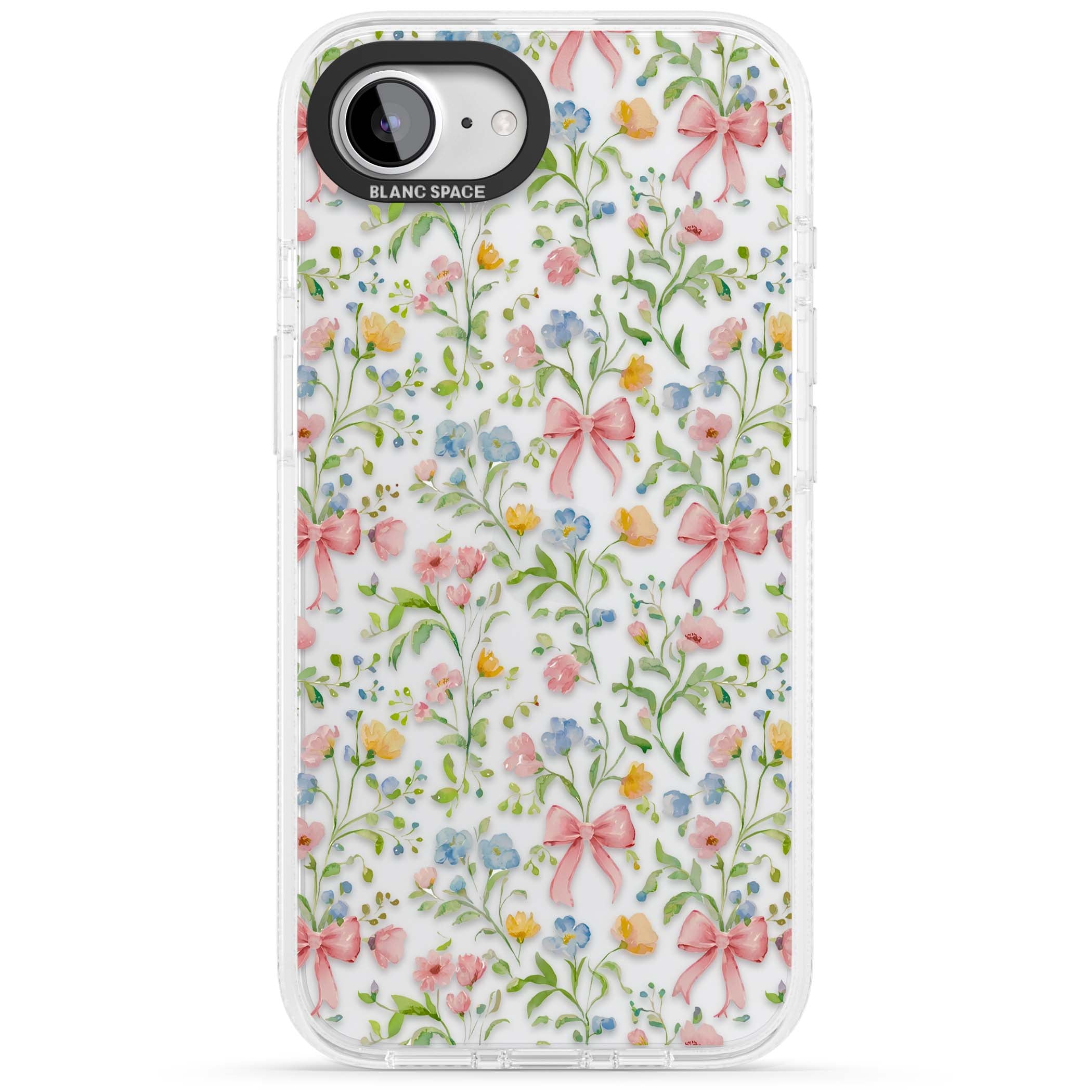 Ribbons & Wildflowers cottagecore iPhone case featuring watercolor wildflowers, pink satin bows, and delicate spring blooms o | Clear Case Impact Air case for iPhone 16e, iPhone 17e