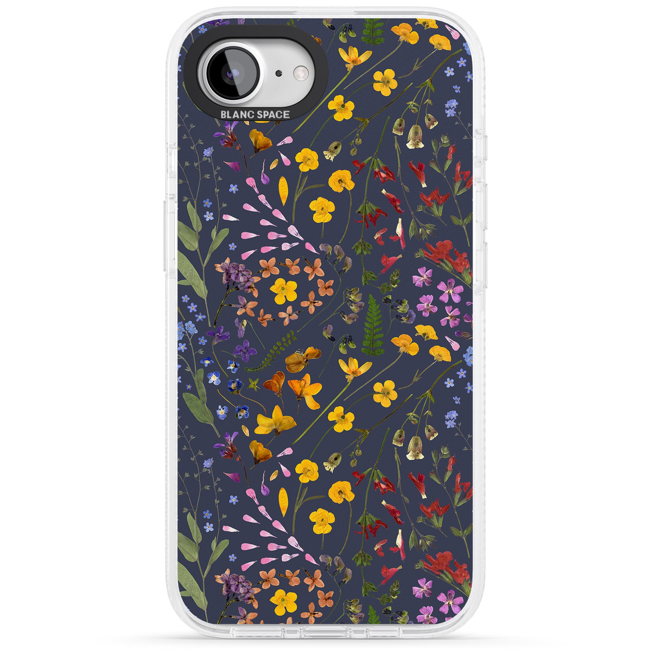 Wildflower & Leaves Cluster Design - Navy iPhone 16e Clear Case Impact Air - Blanc Space