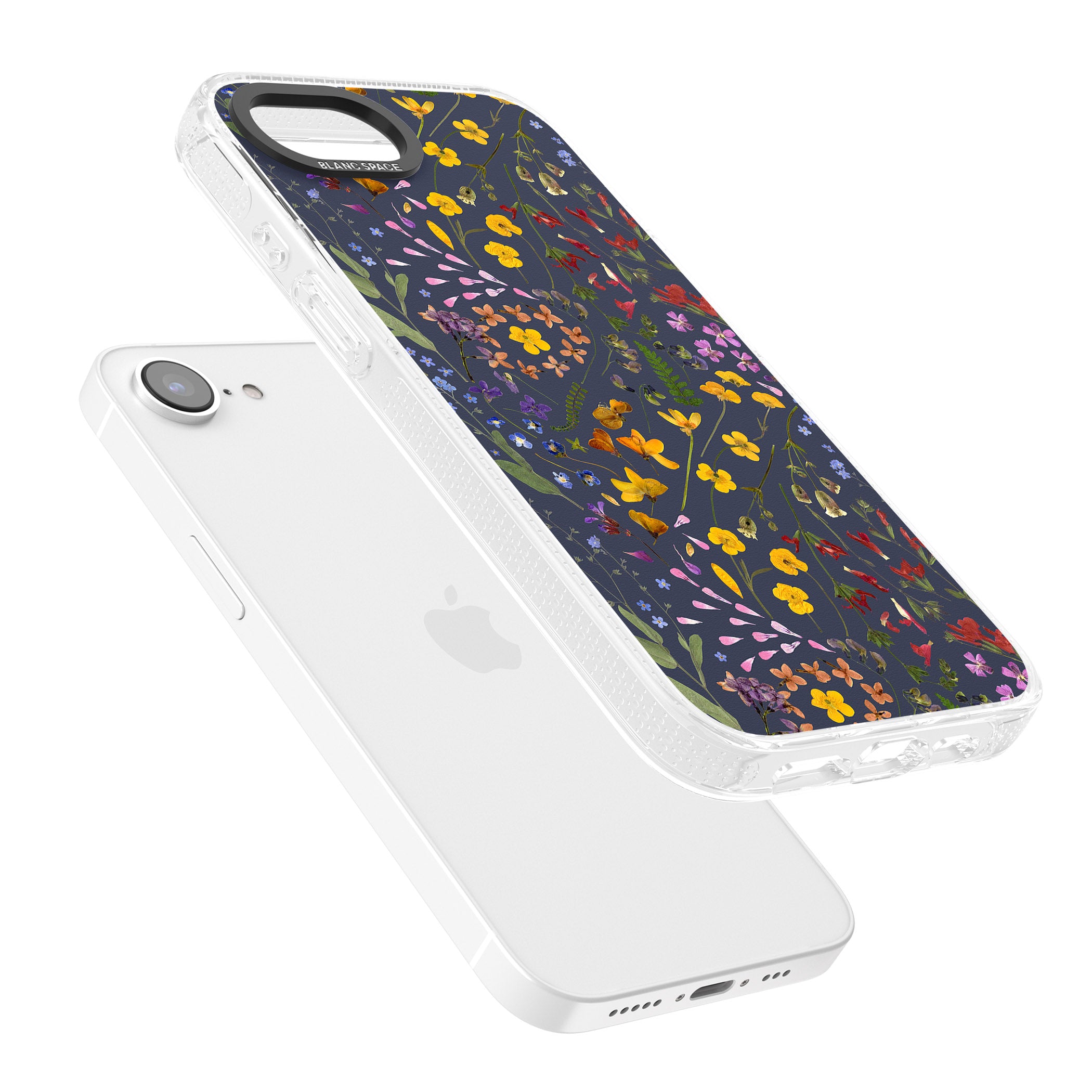 Wildflower & Leaves Cluster Design - Navy iPhone 16e Clear Case Impact Air - Blanc Space