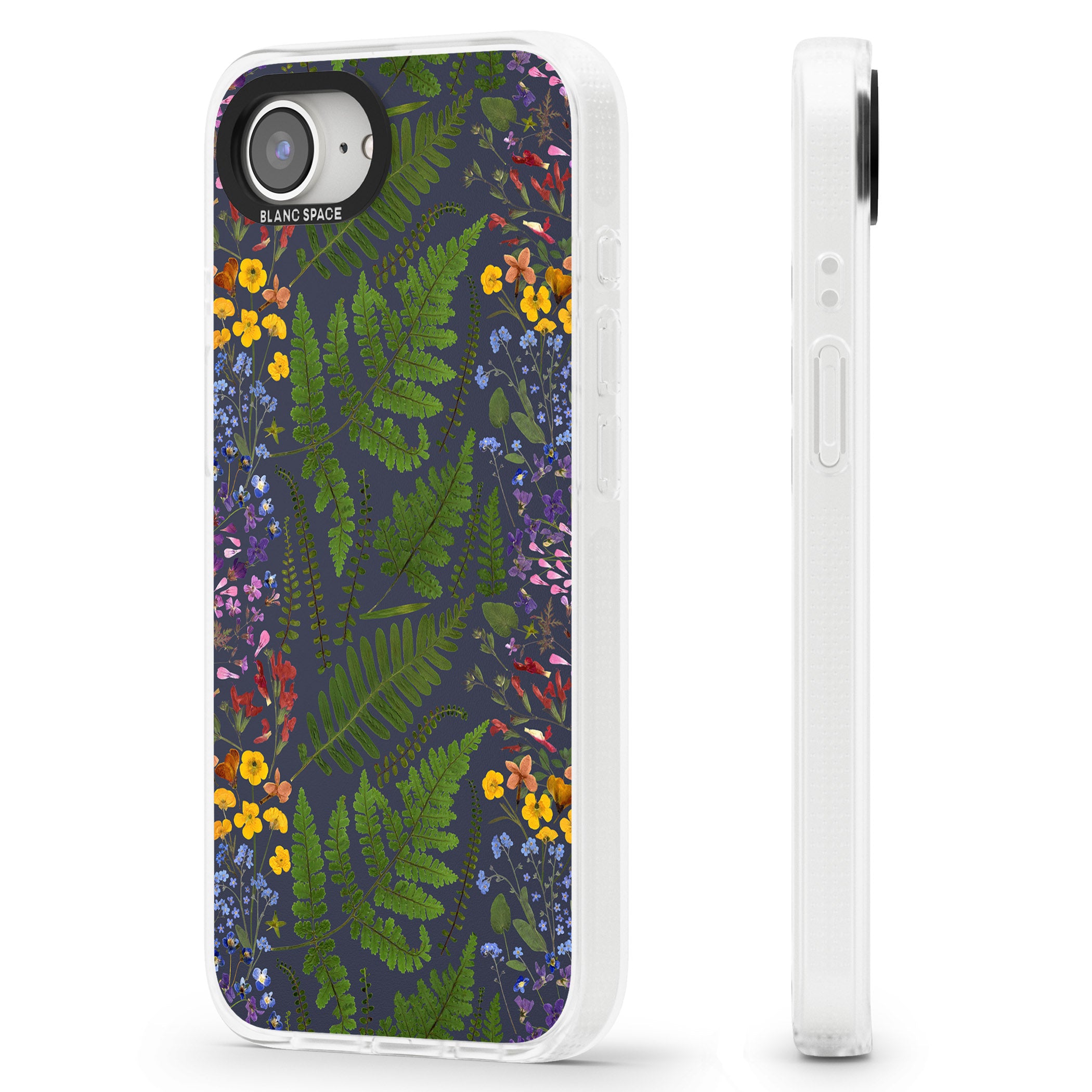 Busy Floral and Fern Design - Navy iPhone 16e Clear Case Impact Air - Blanc Space