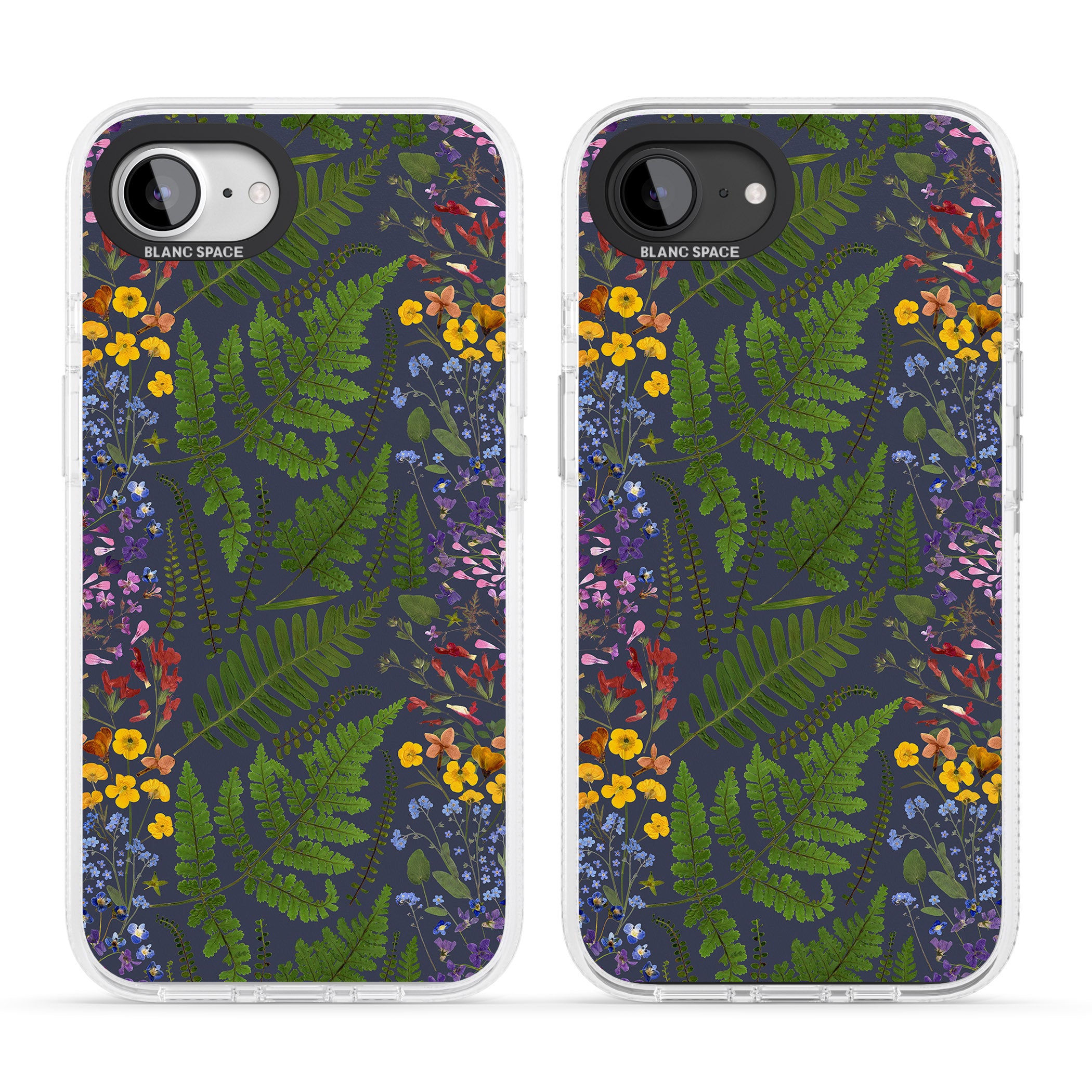 Busy Floral and Fern Design - Navy iPhone 16e Clear Case Impact Air - Blanc Space