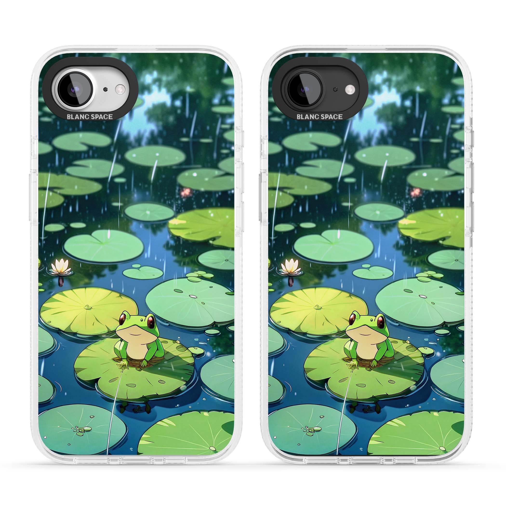 Frog In Lily Pond cottagecore iPhone case featuring a cute green frog on a lily pad with falling rain and a lotus flower | Clear Case Impact Air case for iPhone 16e, iPhone 17e