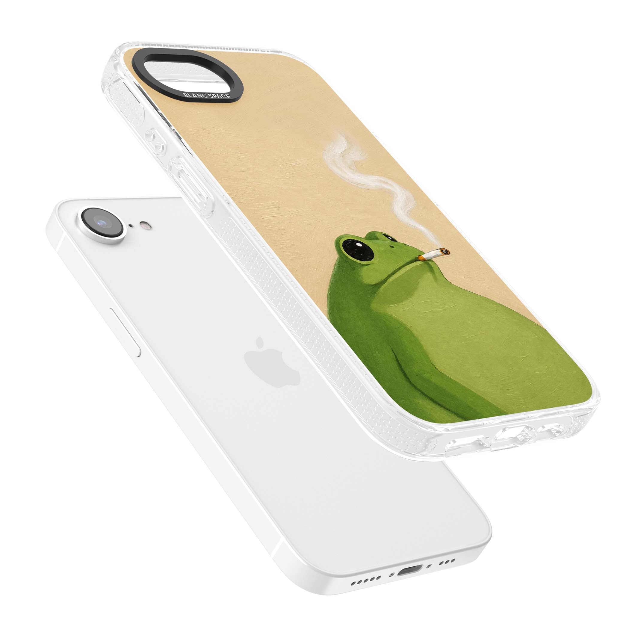 The Smoking Frog cottagecore iPhone case featuring a hand-painted green frog smoking a cigarette on a cream oil painting back | Clear Case Impact Air case for iPhone 16e, iPhone 17e