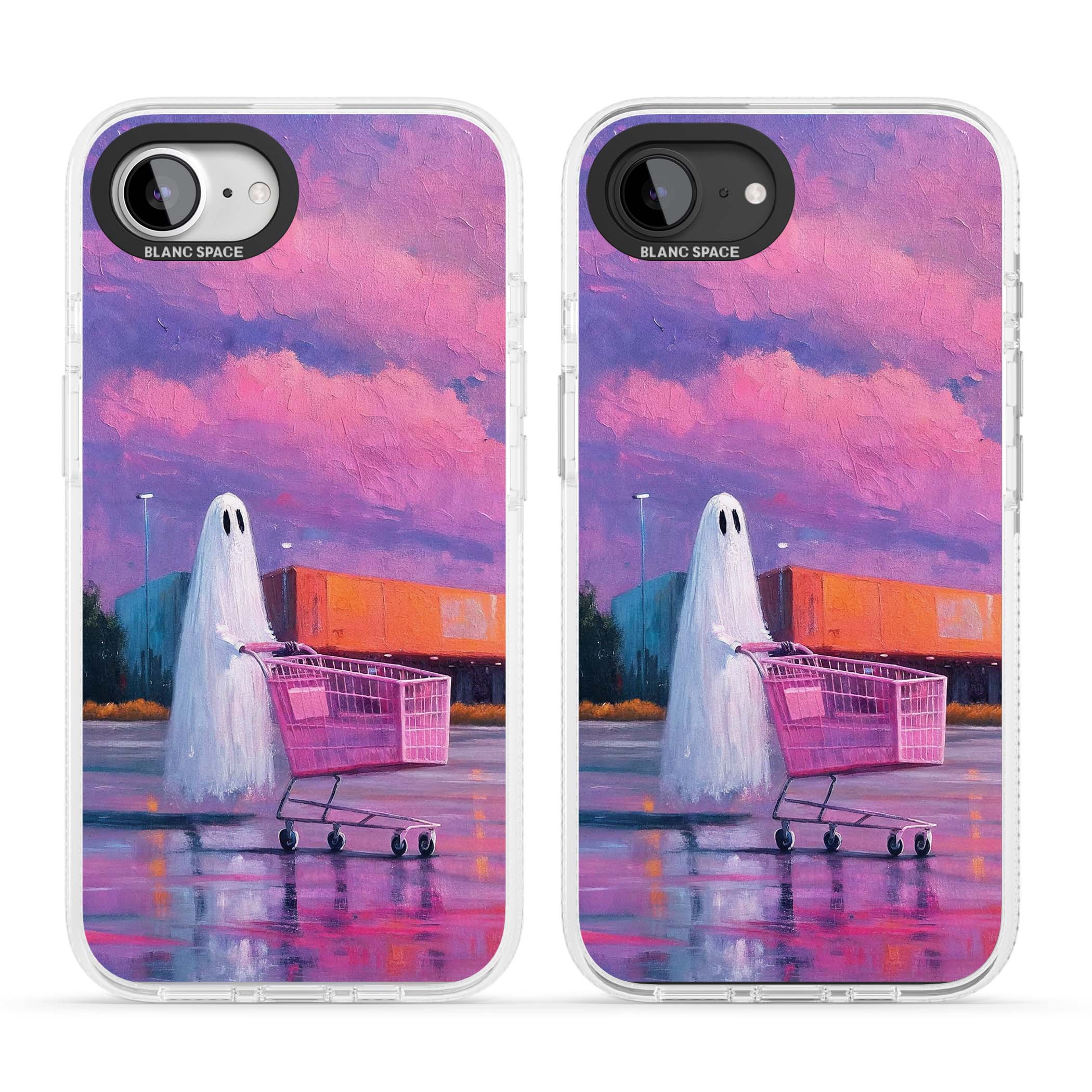 A Ghost's Errand ghost halloween iPhone case featuring a painted ghost, pink shopping trolley and purple sunset sky | Clear Case Impact Air case for iPhone 16e, iPhone 17e