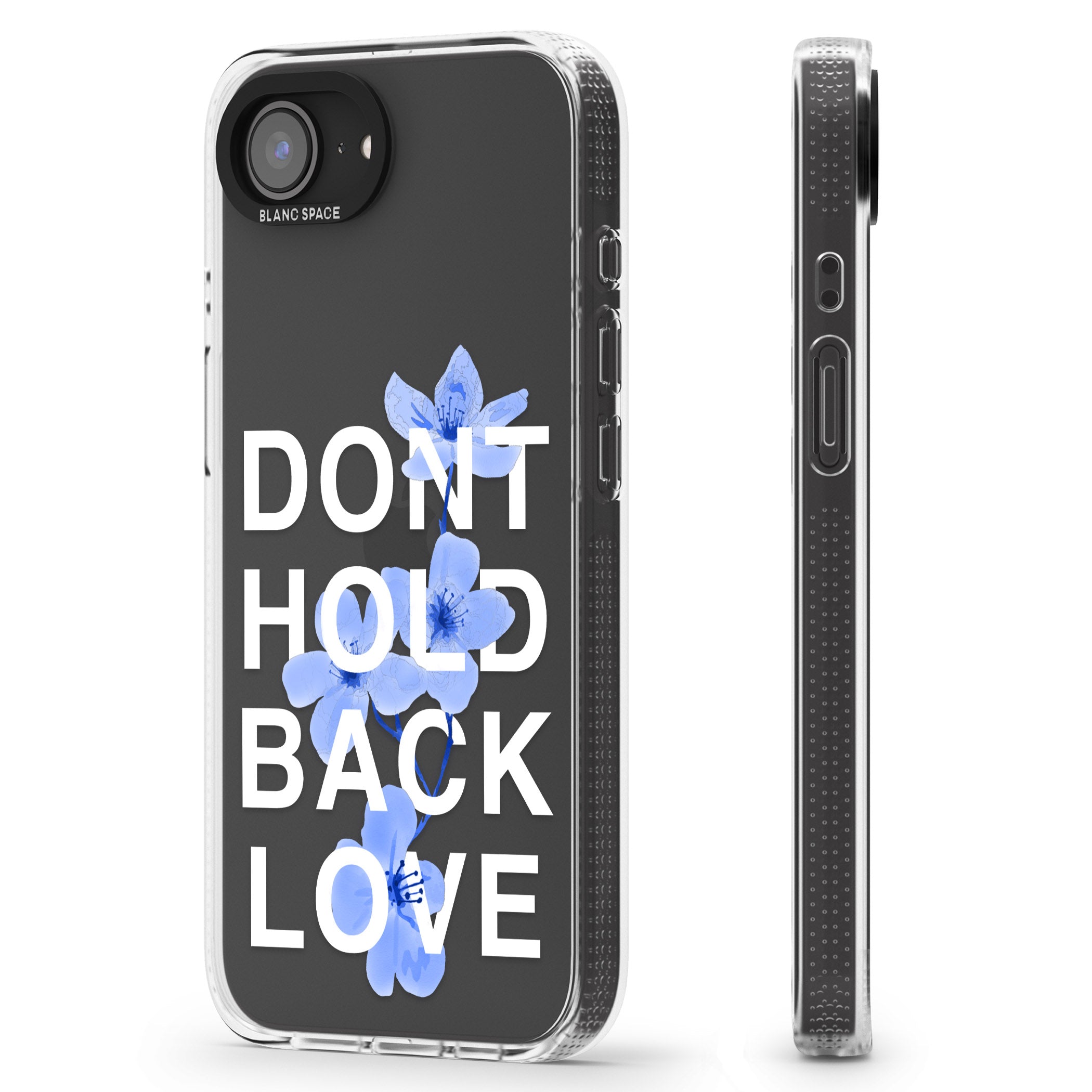 Don't Hold Back Love - Blue & White iPhone 16e Clear Case Impact Air - Blanc Space