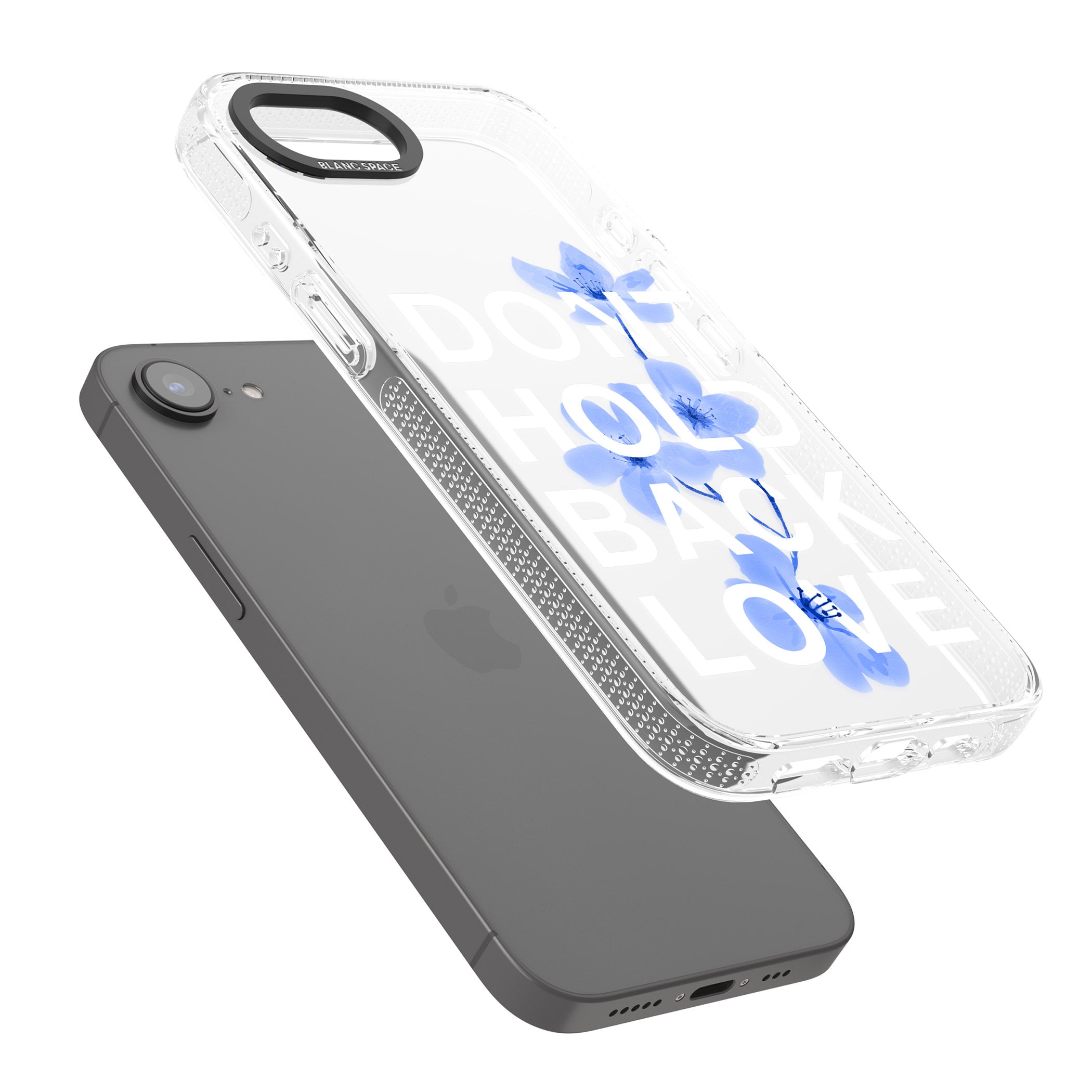 Don't Hold Back Love - Blue & White iPhone 16e Clear Case Impact Air - Blanc Space