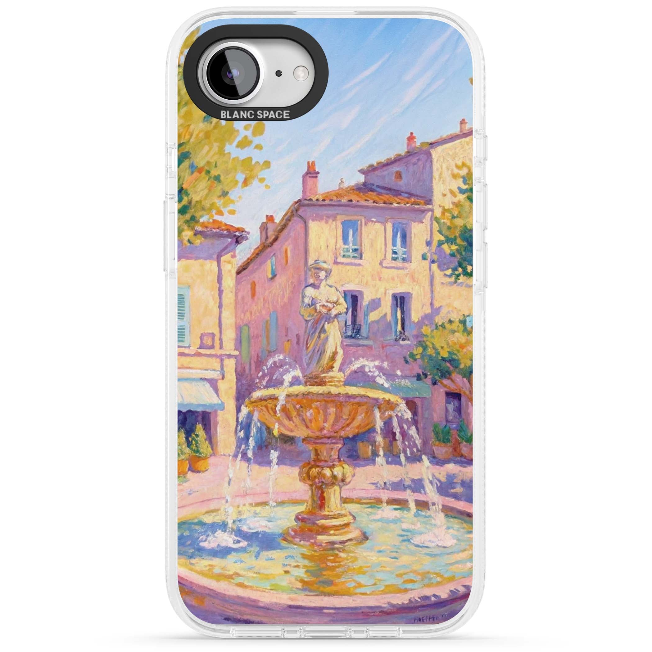 Fountain Square fine art iPhone case featuring an impressionist Provençal fountain, pastel village buildings and summe | Clear Case Impact Air case for iPhone 16e, iPhone 17e