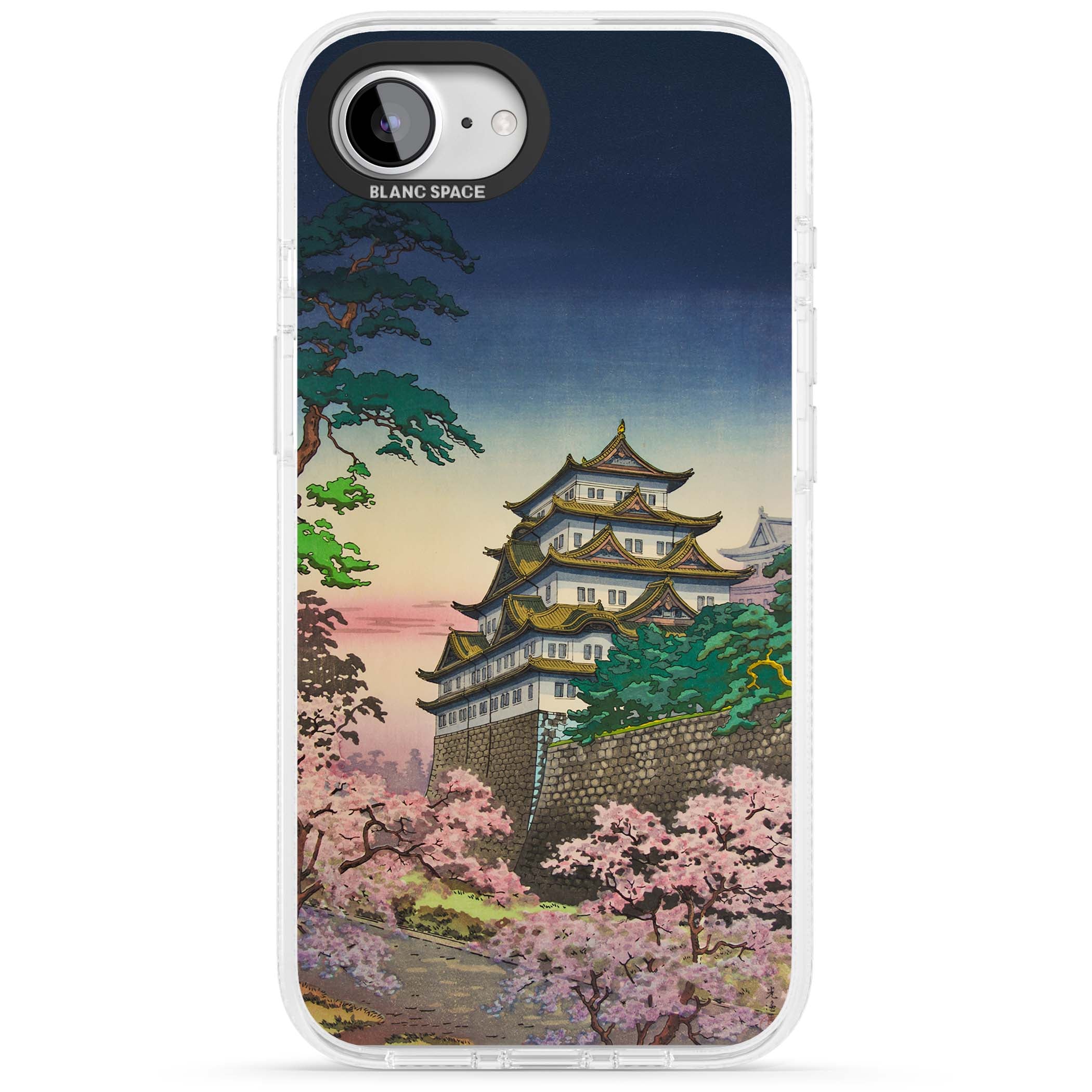 Nagoya Castle Japanese iPhone case featuring a vintage pagoda, twilight sky and cherry blossom trees | Clear Case Impact Air case for iPhone 16e, iPhone 17e