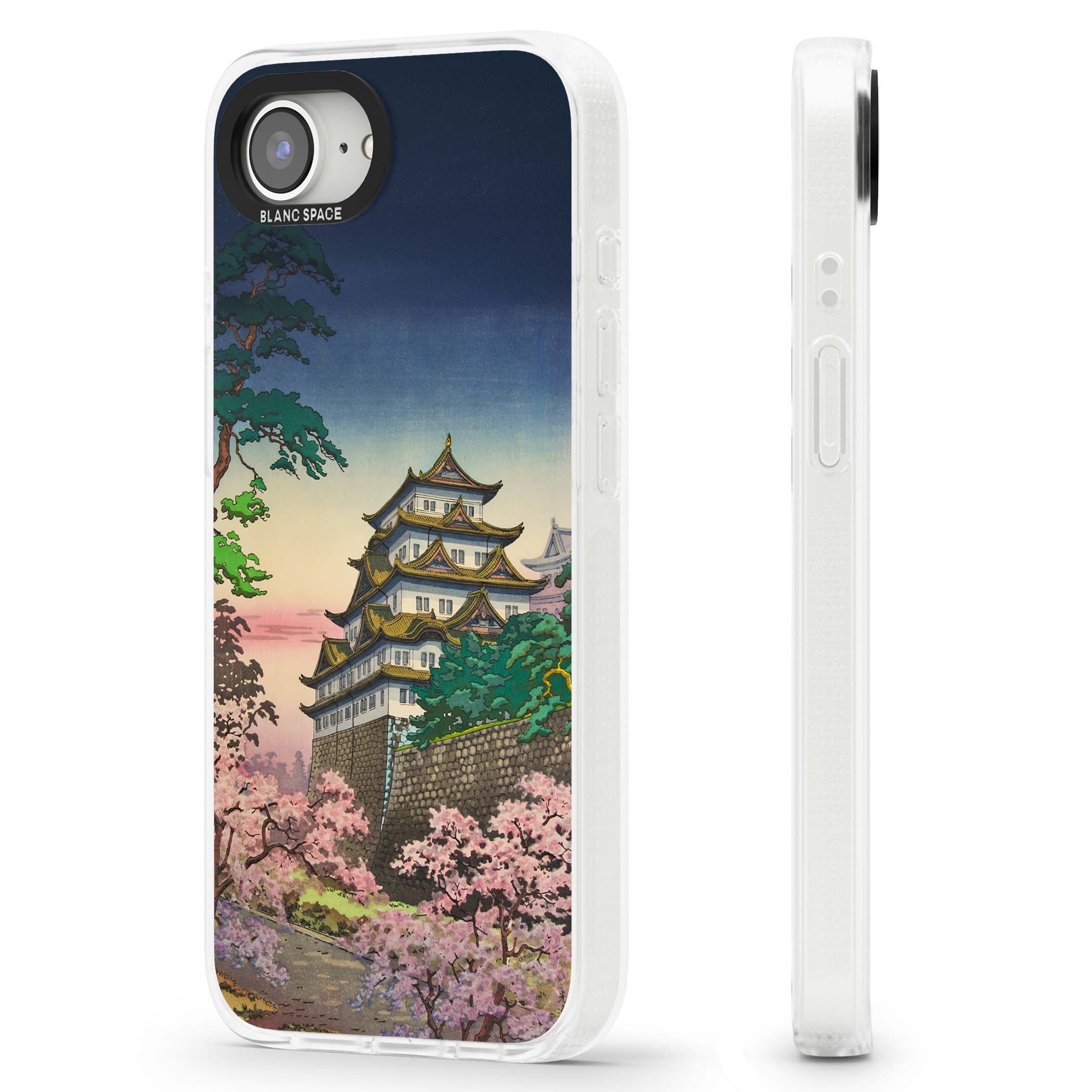 Nagoya Castle Japanese iPhone case featuring a vintage pagoda, twilight sky and cherry blossom trees | Clear Case Impact Air case for iPhone 16e, iPhone 17e