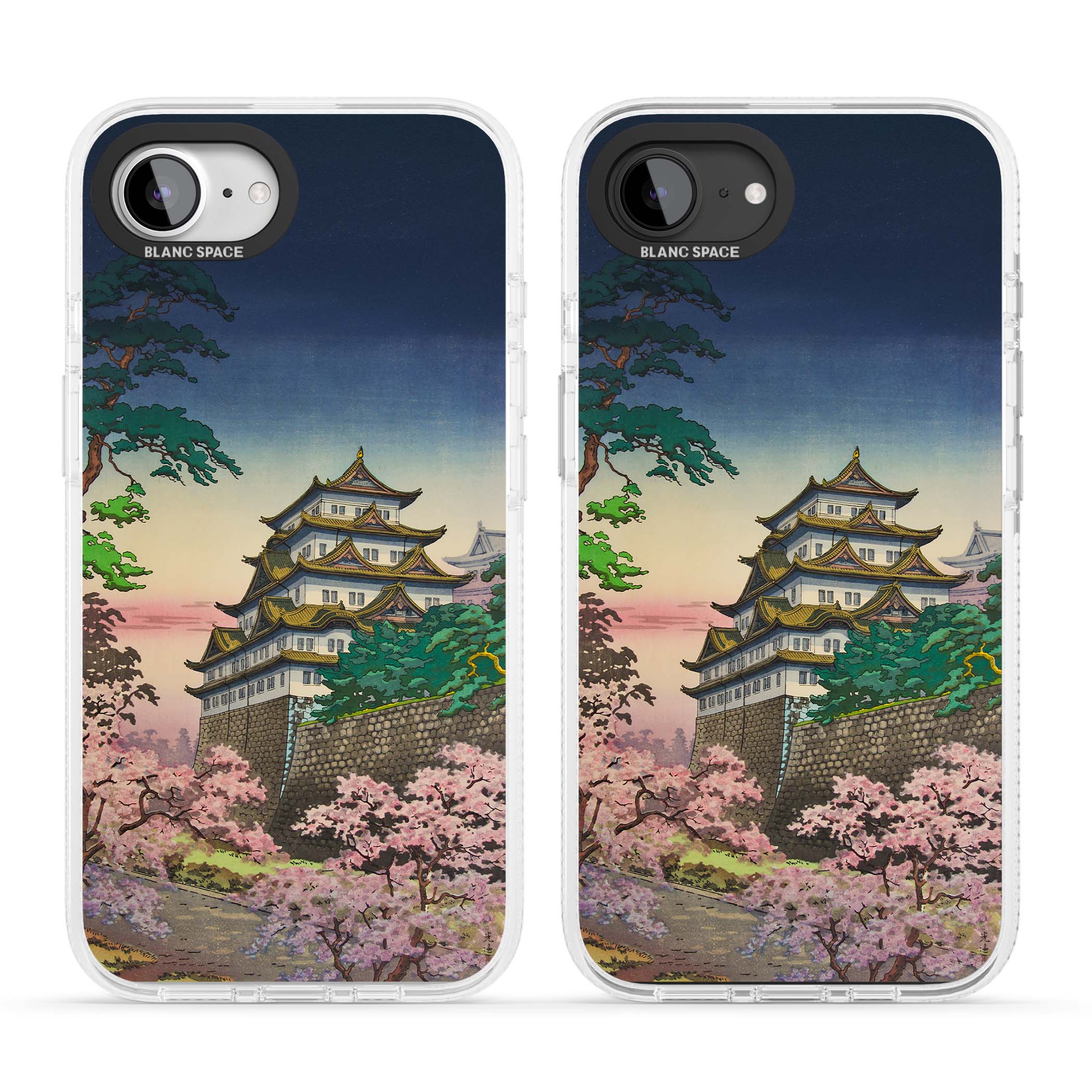 Nagoya Castle Japanese iPhone case featuring a vintage pagoda, twilight sky and cherry blossom trees | Clear Case Impact Air case for iPhone 16e, iPhone 17e