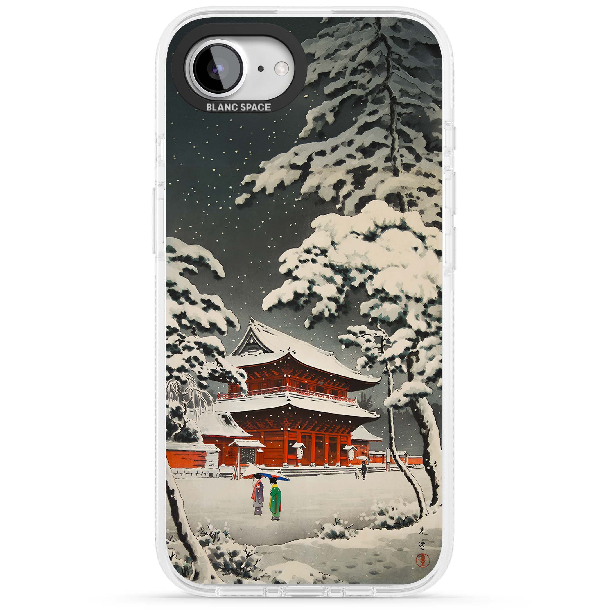 Snow at Shiha Park, Tokyo Japanese art iPhone case featuring a vintage ukiyo-e snowy temple, red pagoda, and snow-covered pin | Clear Case Impact Air case for iPhone 16e, iPhone 17e