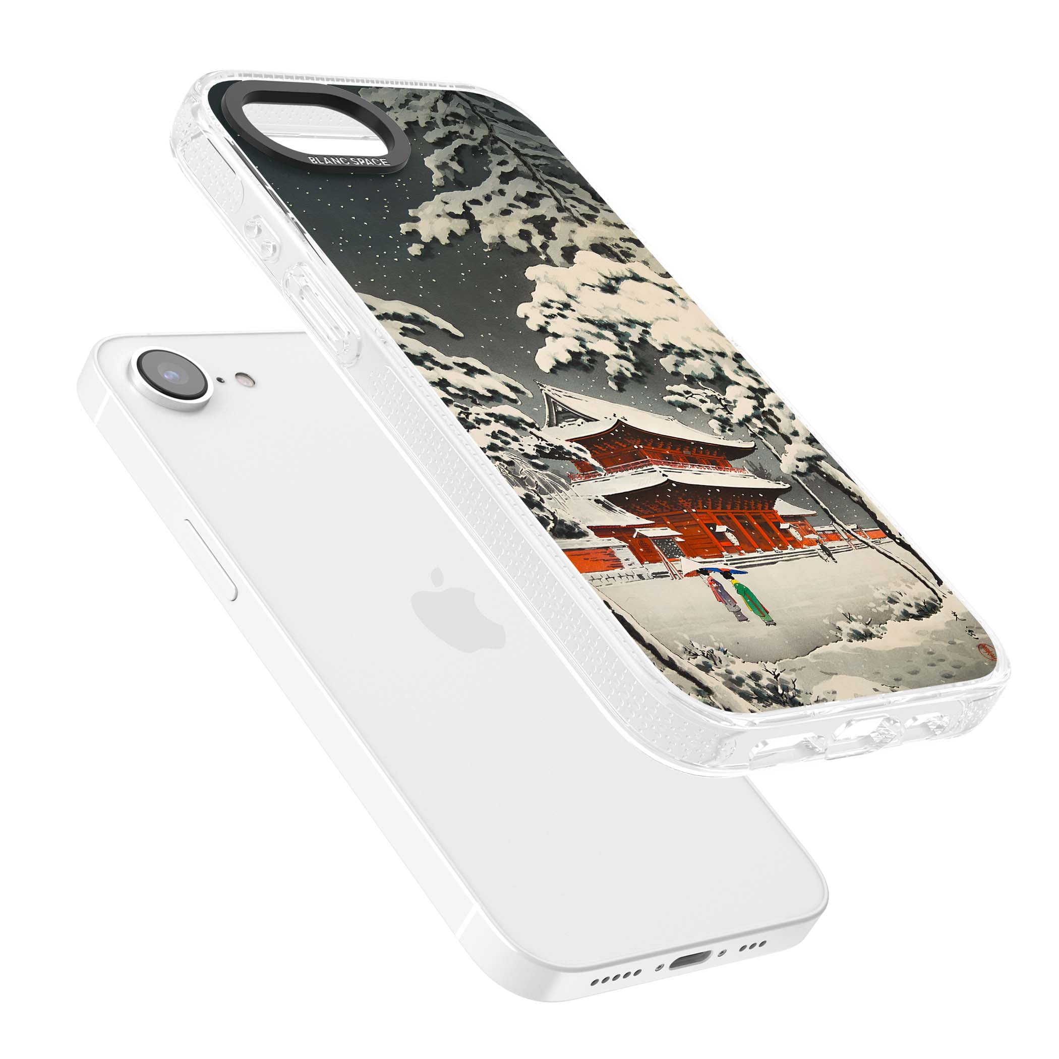Snow at Shiha Park, Tokyo Japanese art iPhone case featuring a vintage ukiyo-e snowy temple, red pagoda, and snow-covered pin | Clear Case Impact Air case for iPhone 16e, iPhone 17e
