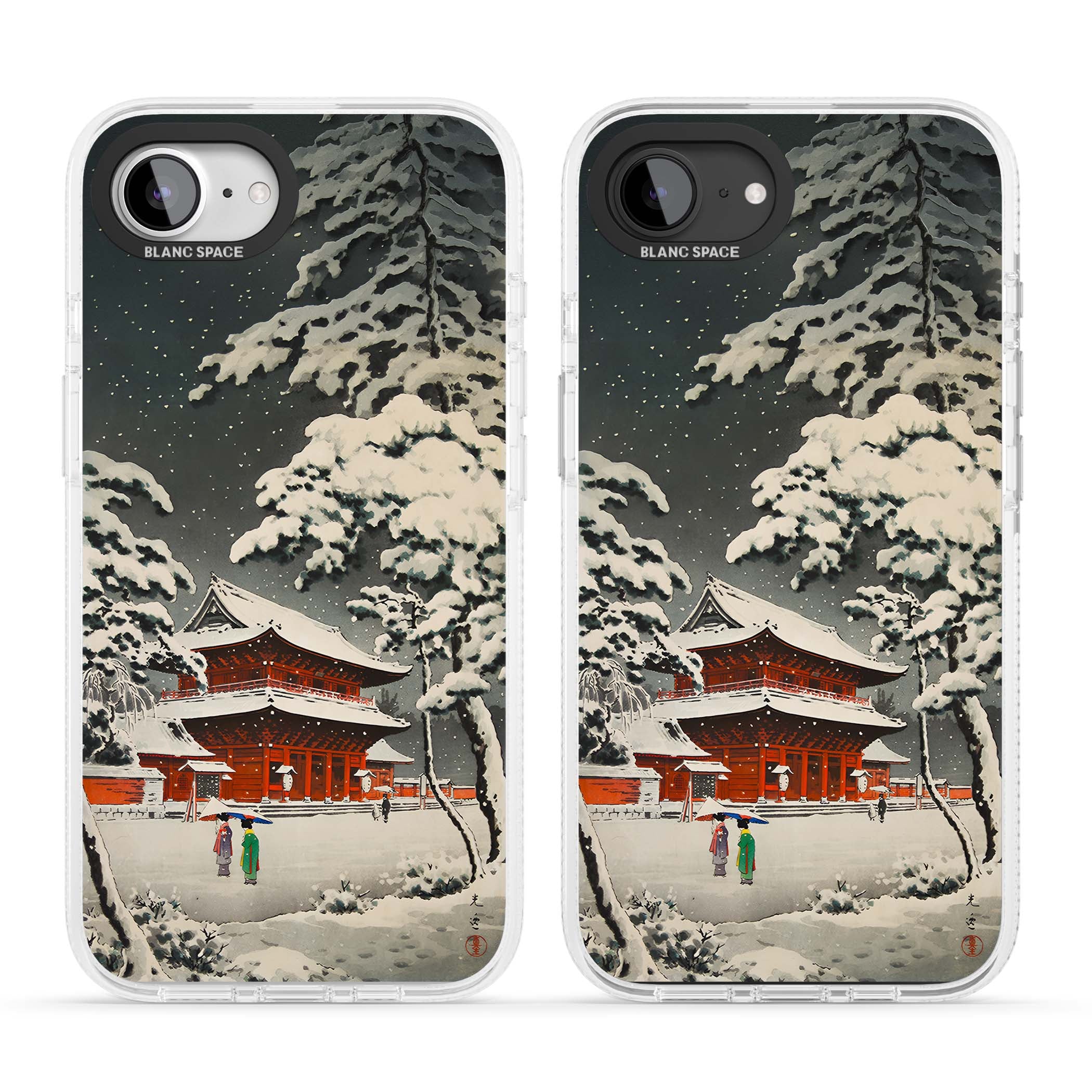 Snow at Shiha Park, Tokyo Japanese art iPhone case featuring a vintage ukiyo-e snowy temple, red pagoda, and snow-covered pin | Clear Case Impact Air case for iPhone 16e, iPhone 17e