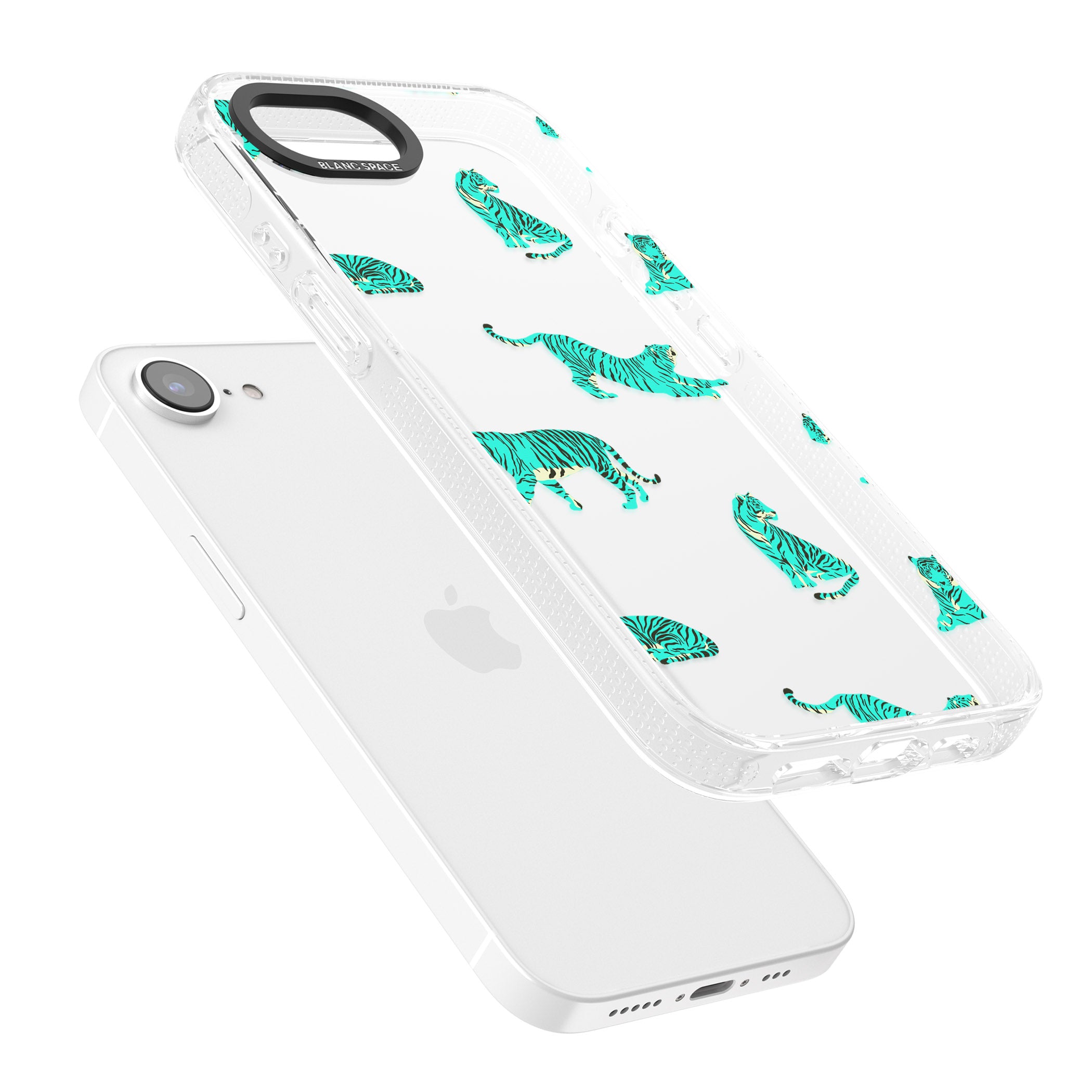 Turquoise Tiger Jungle Cat Pattern iPhone 16e Clear Case Impact Air - Blanc Space