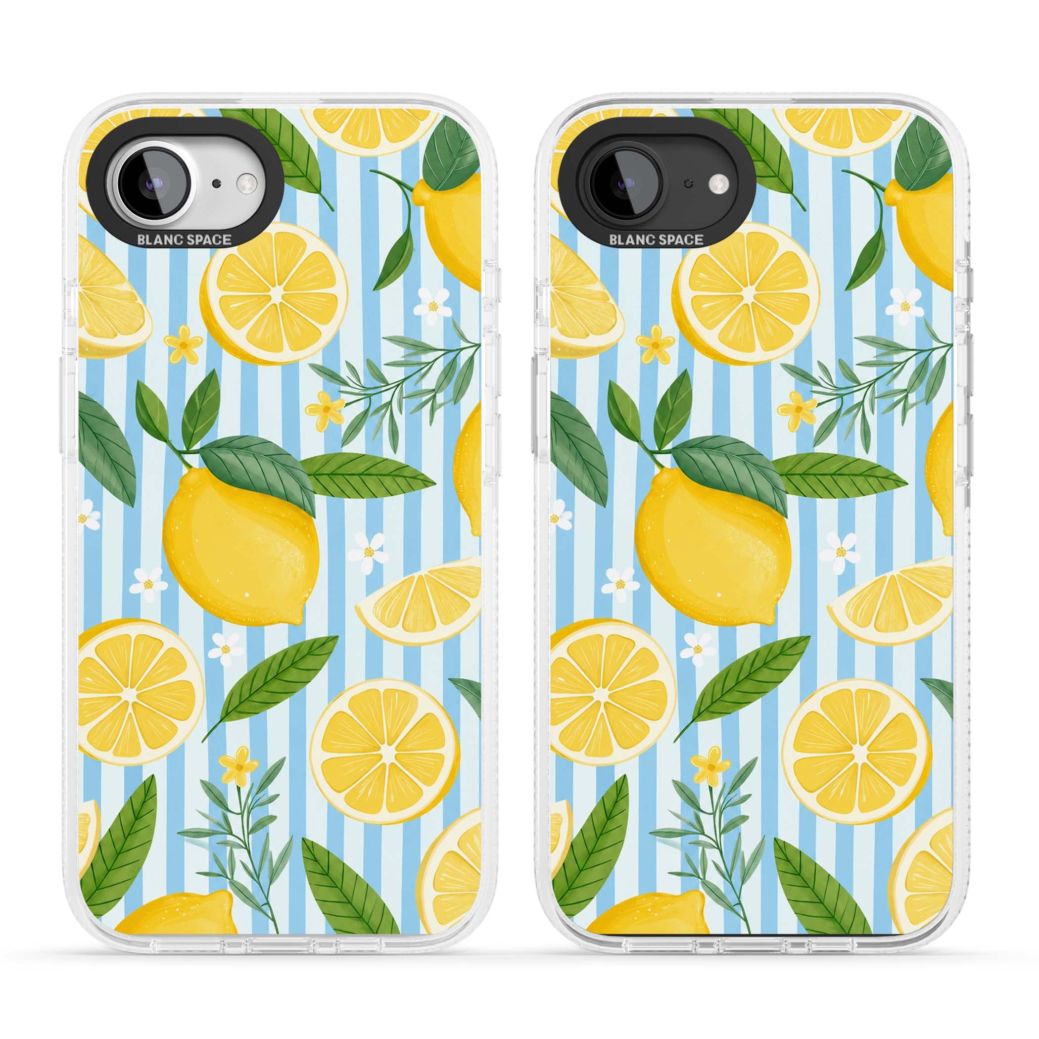 Capri Citrus Stripe coastal iPhone case featuring yellow lemons, blue stripes, and white daisy blossoms | Clear Case Impact Air case for iPhone 16e, iPhone 17e