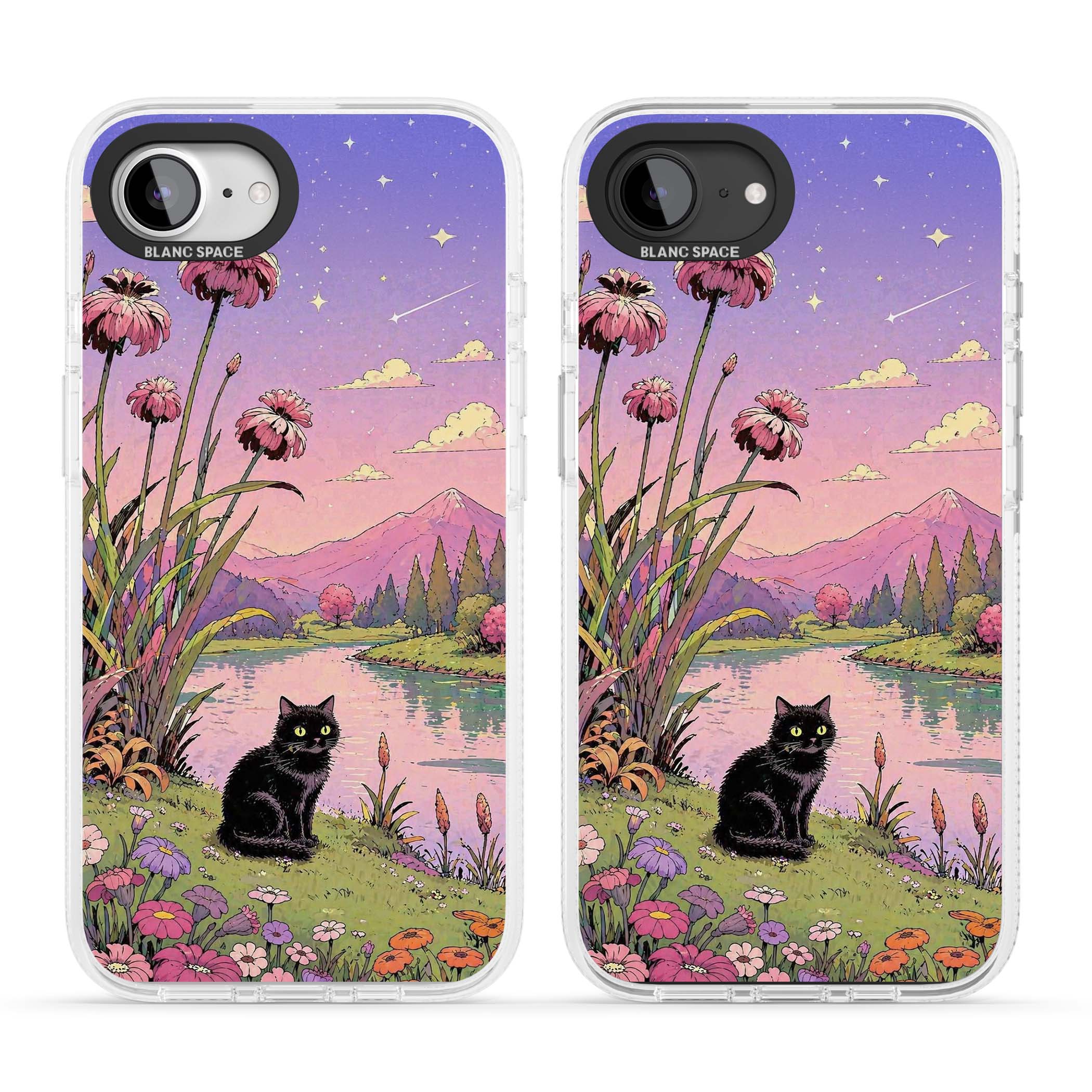 Mystic Whiskers ghibli iPhone case featuring a black cat by a pastel lake, wildflowers and a starry sunset sky | Clear Case Impact Air case for iPhone 16e, iPhone 17e