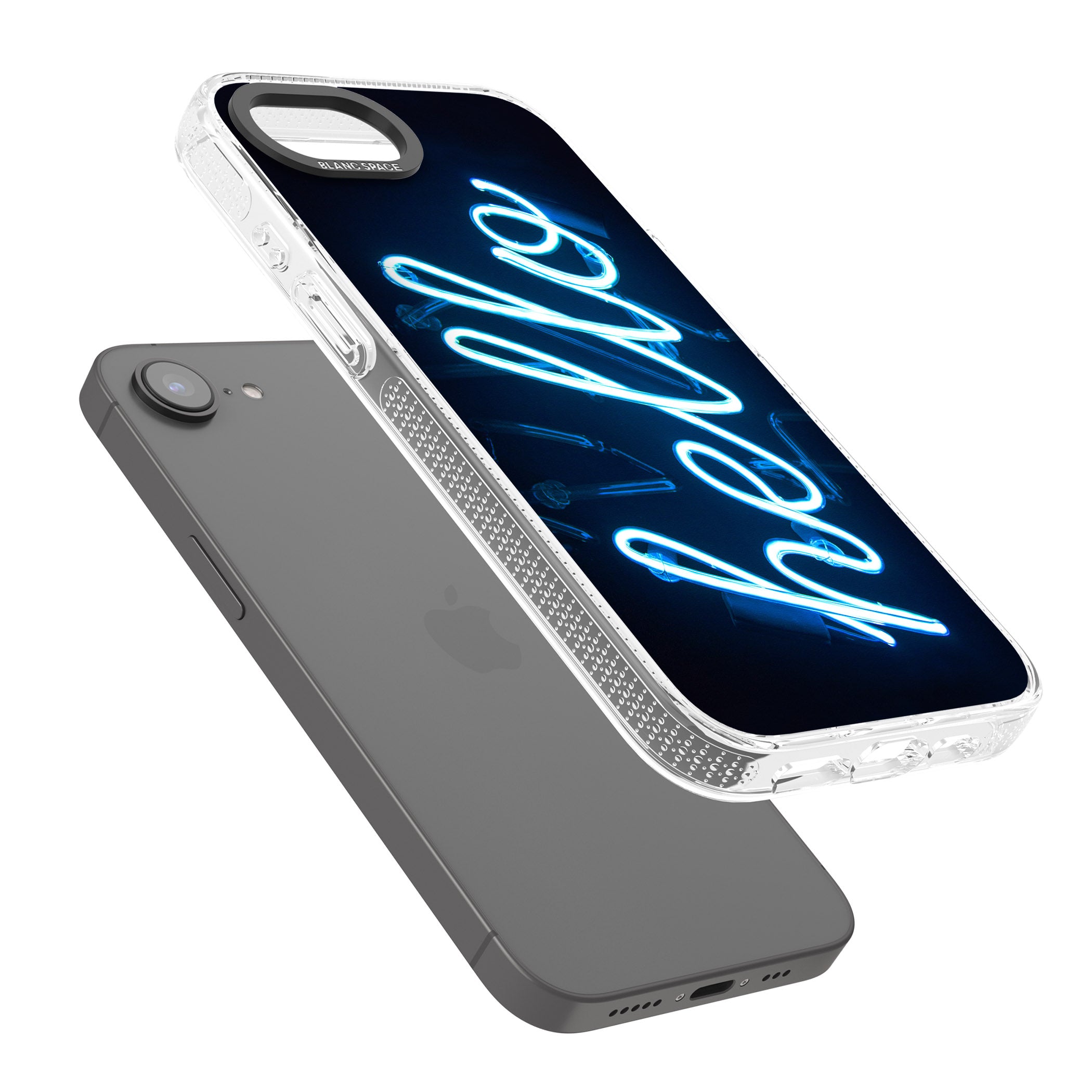 "Hello" Blue Cursive Neon Sign iPhone 16e Clear Case Impact Air - Blanc Space