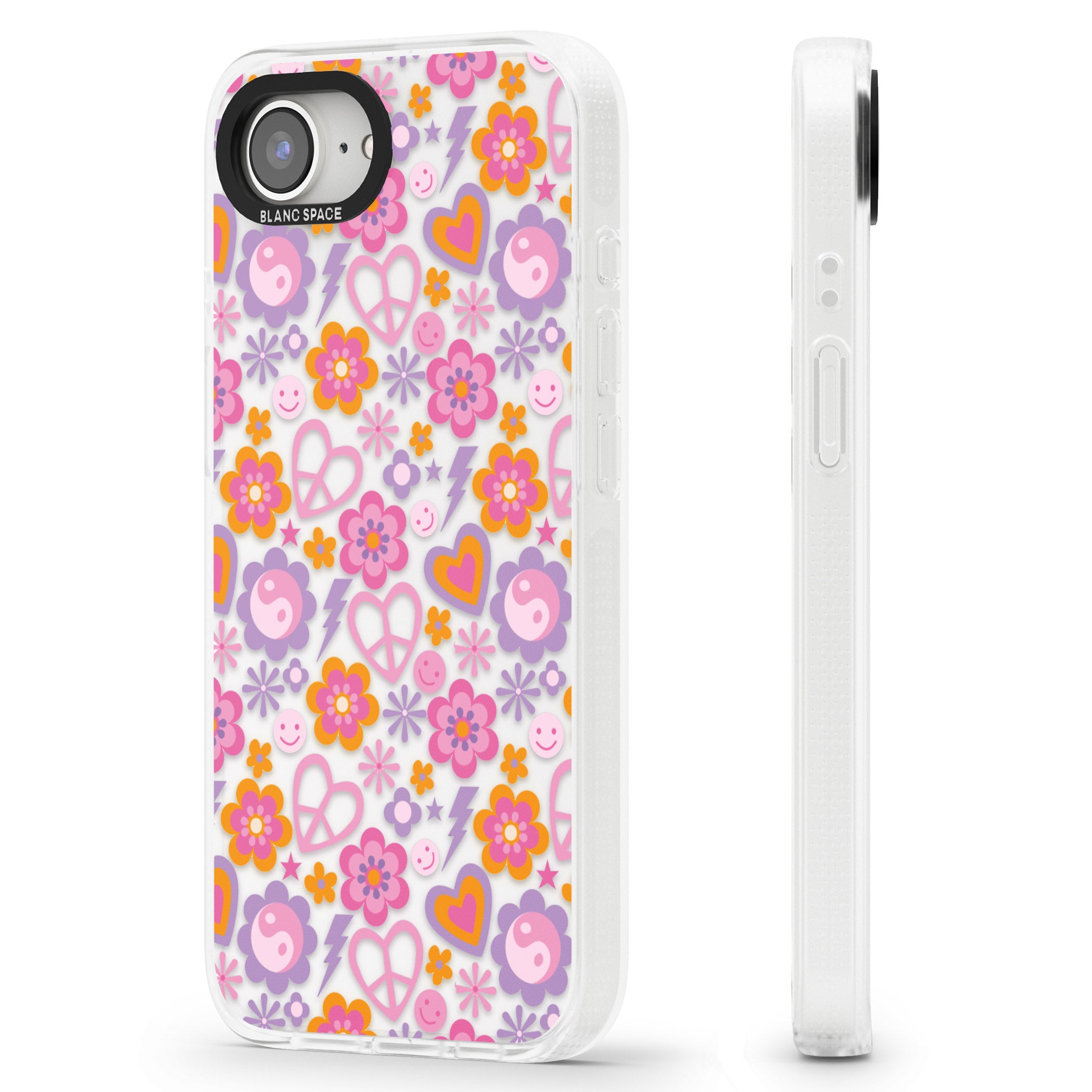 Peace, Love and Flowers Pattern iPhone 16e Clear Case Impact Air - Blanc Space