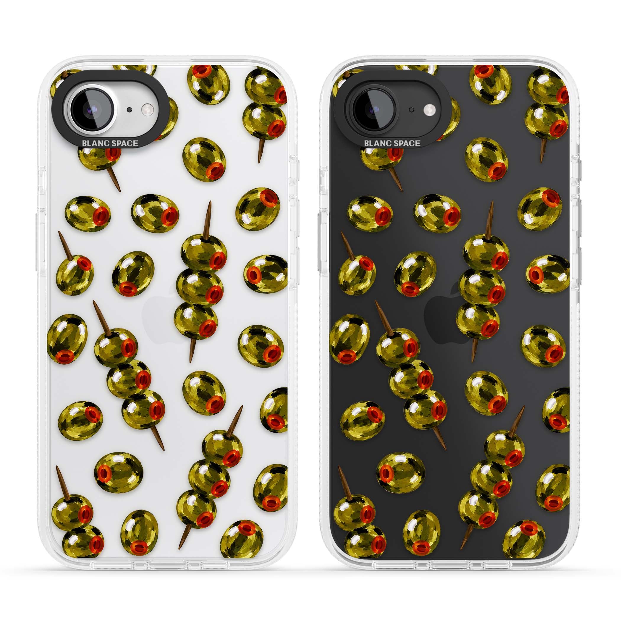 Painted Olives cocktail iPhone case featuring green olives, pimento centres and toothpick skewers on a clear background | Clear Case Impact Air case for iPhone 16e, iPhone 17e