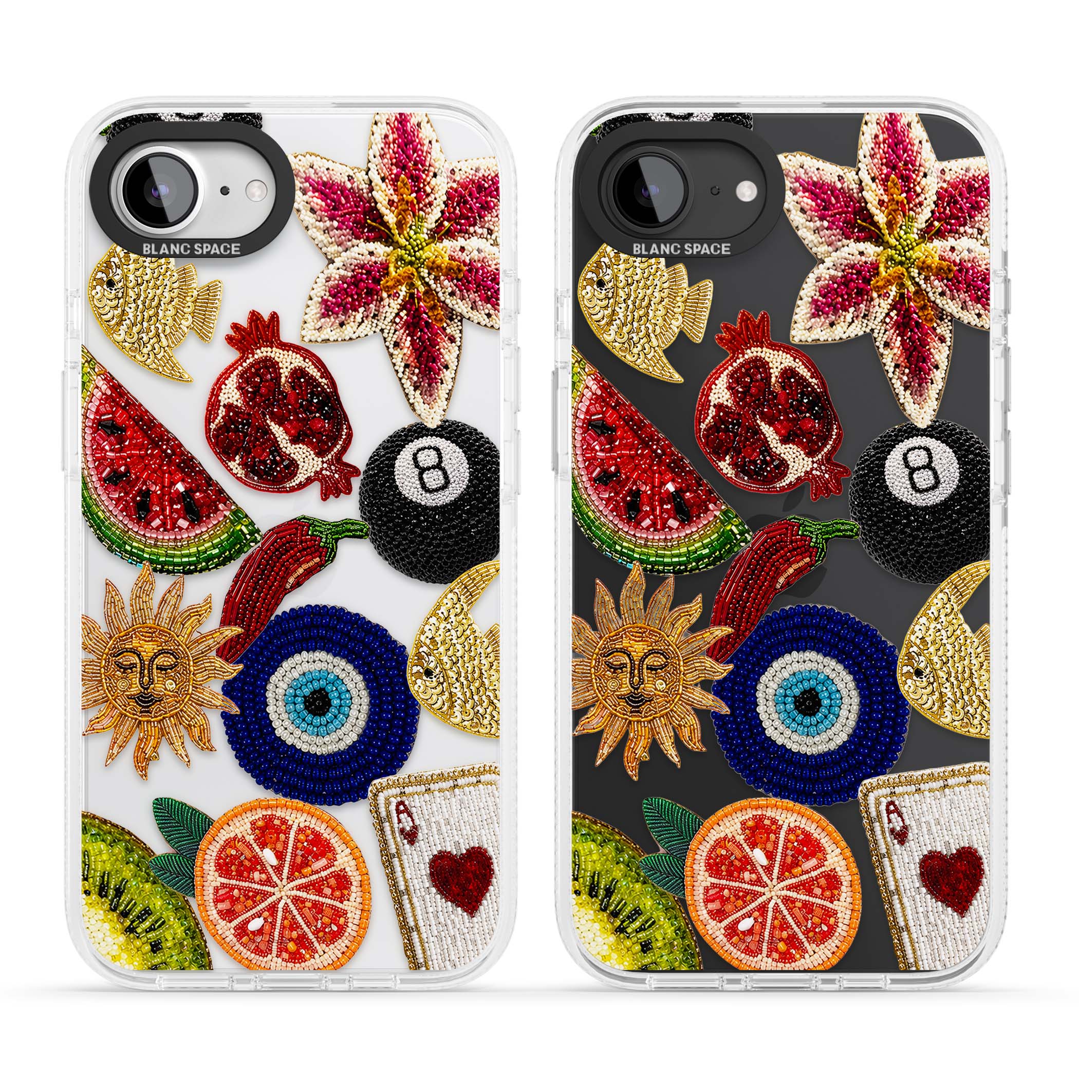 Beaded Charms embroidery iPhone case featuring beaded evil eye, fruit patches and a golden sun motif | Clear Case Impact Air case for iPhone 16e, iPhone 17e