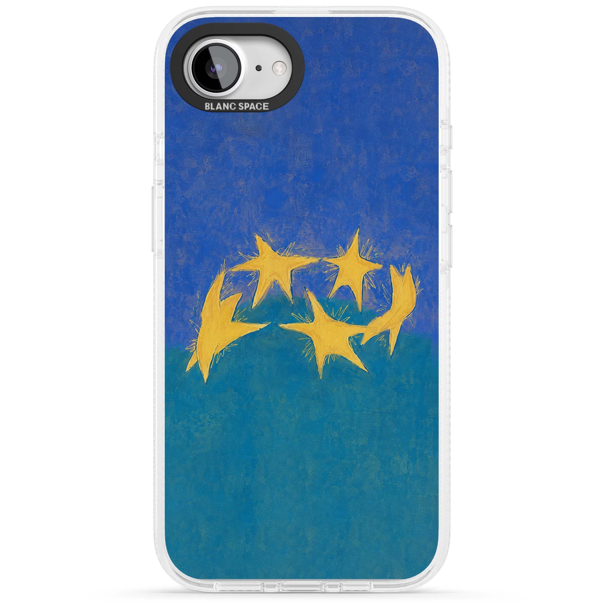 Star Boogie stars aesthetic iPhone case featuring five yellow hand-painted stars on cobalt blue and teal | Clear Case Impact Air case for iPhone 16e, iPhone 17e