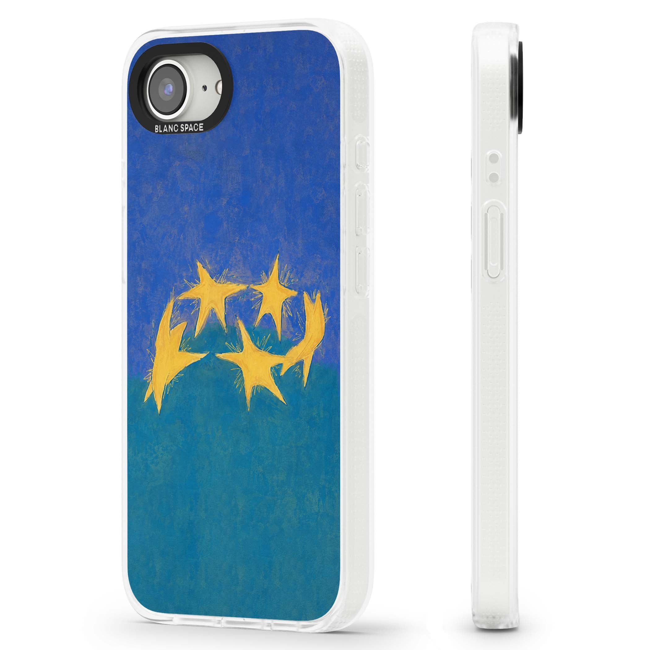 Star Boogie stars aesthetic iPhone case featuring five yellow hand-painted stars on cobalt blue and teal | Clear Case Impact Air case for iPhone 16e, iPhone 17e