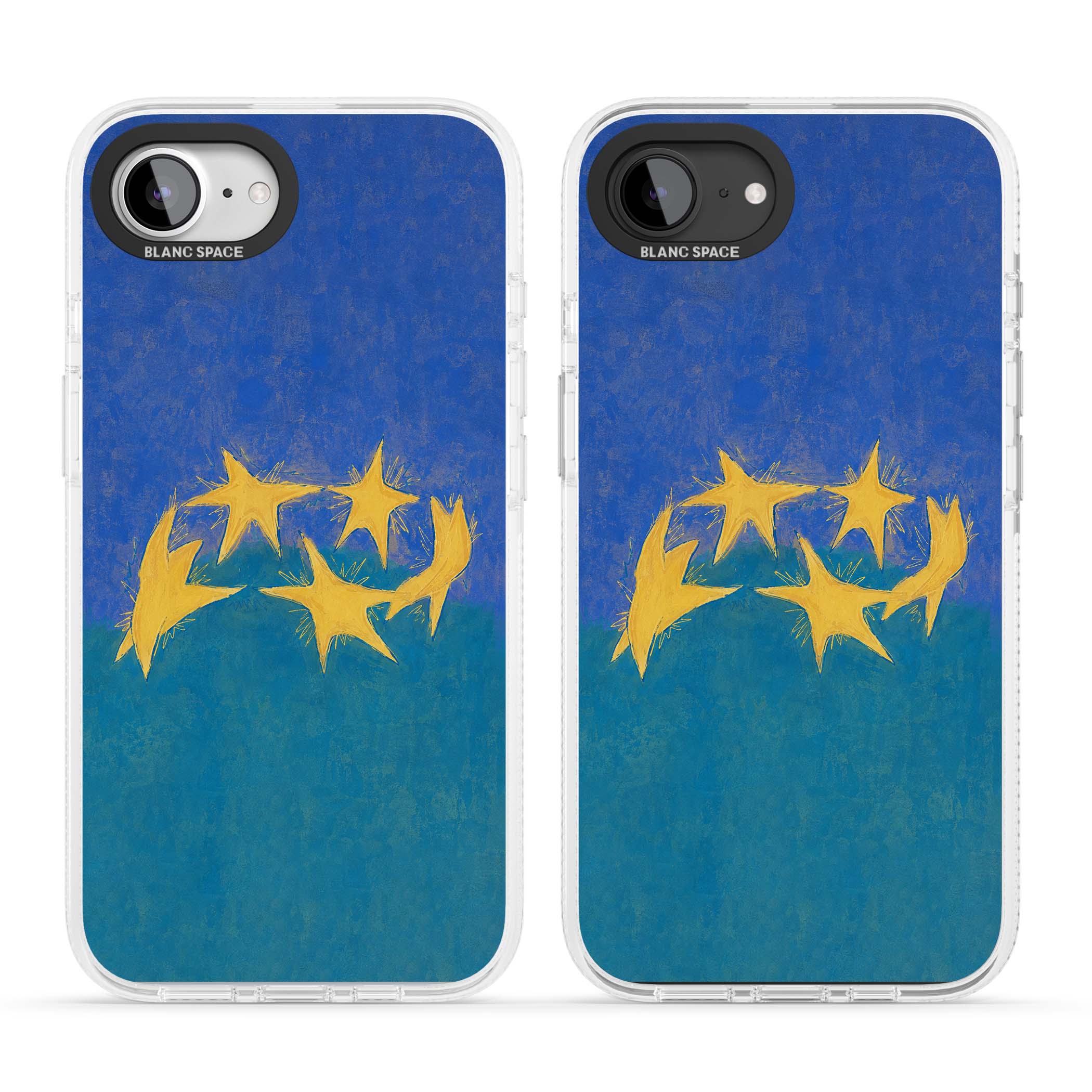 Star Boogie stars aesthetic iPhone case featuring five yellow hand-painted stars on cobalt blue and teal | Clear Case Impact Air case for iPhone 16e, iPhone 17e