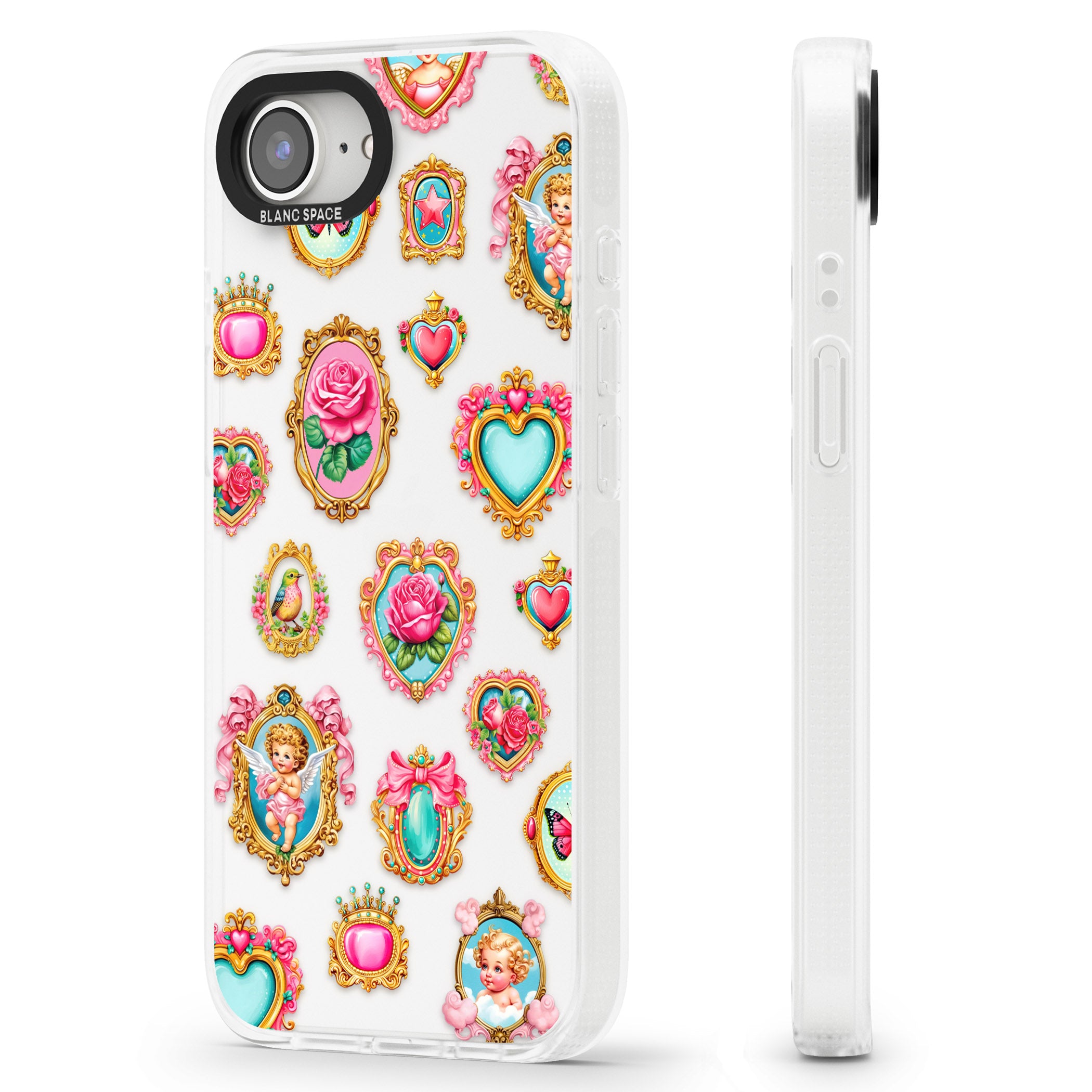 Angelcore Hearts & Frames iPhone 16e Clear Case Impact Air - Blanc Space