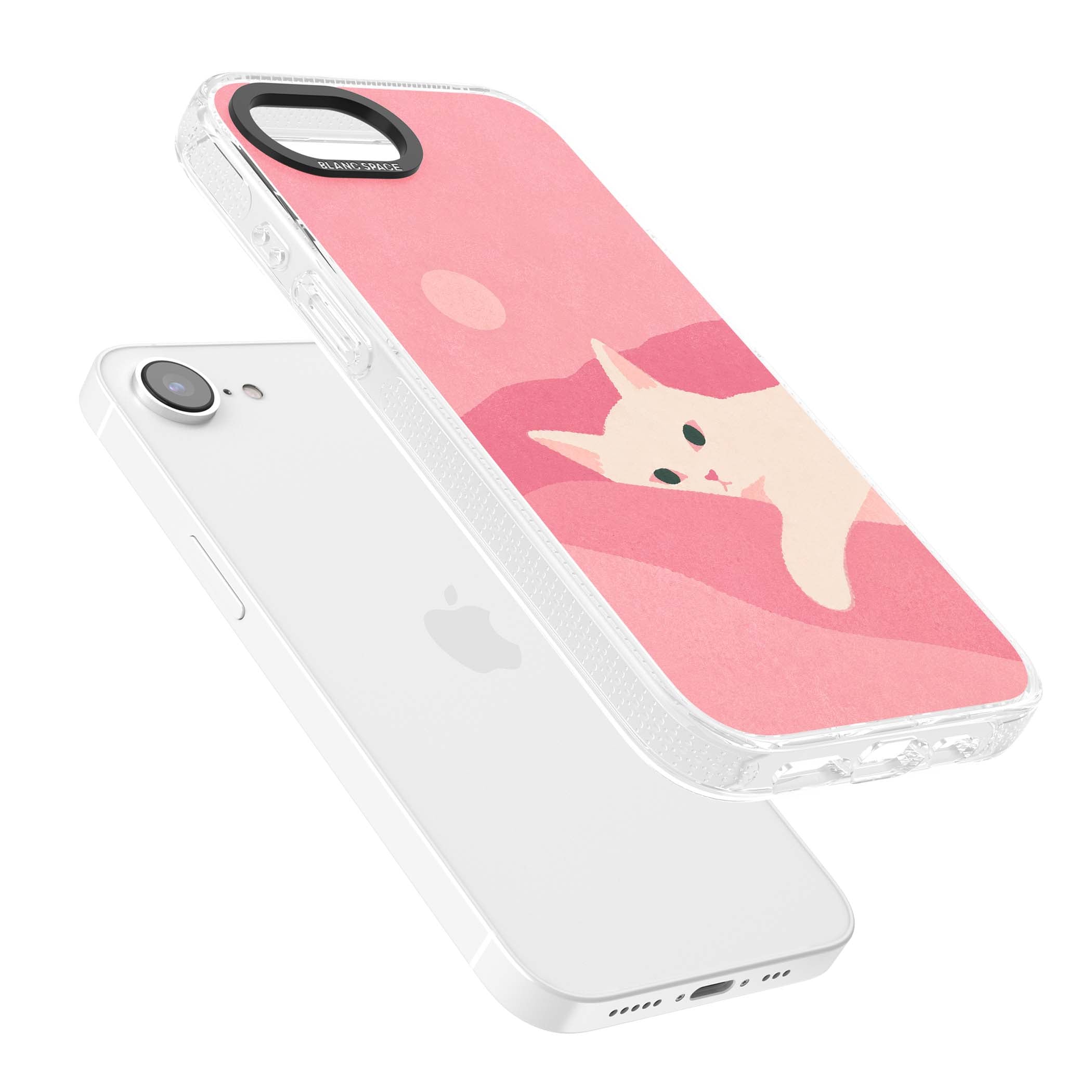 Pink Dreams cute cat iPhone case featuring a white kitten, soft pink hills and a pale pastel sun | Clear Case Impact Air case for iPhone 16e, iPhone 17e
