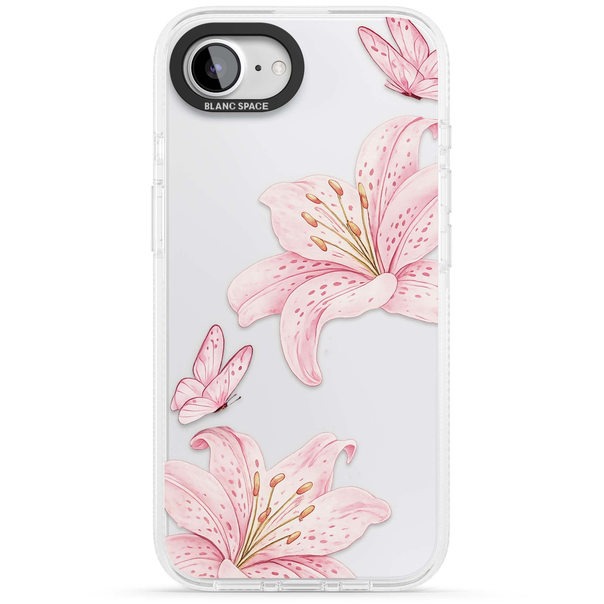 Lily Whisper floral iPhone case featuring pink watercolour lilies and delicate butterflies on a clear background | Clear Case Impact Air case for iPhone 16e, iPhone 17e