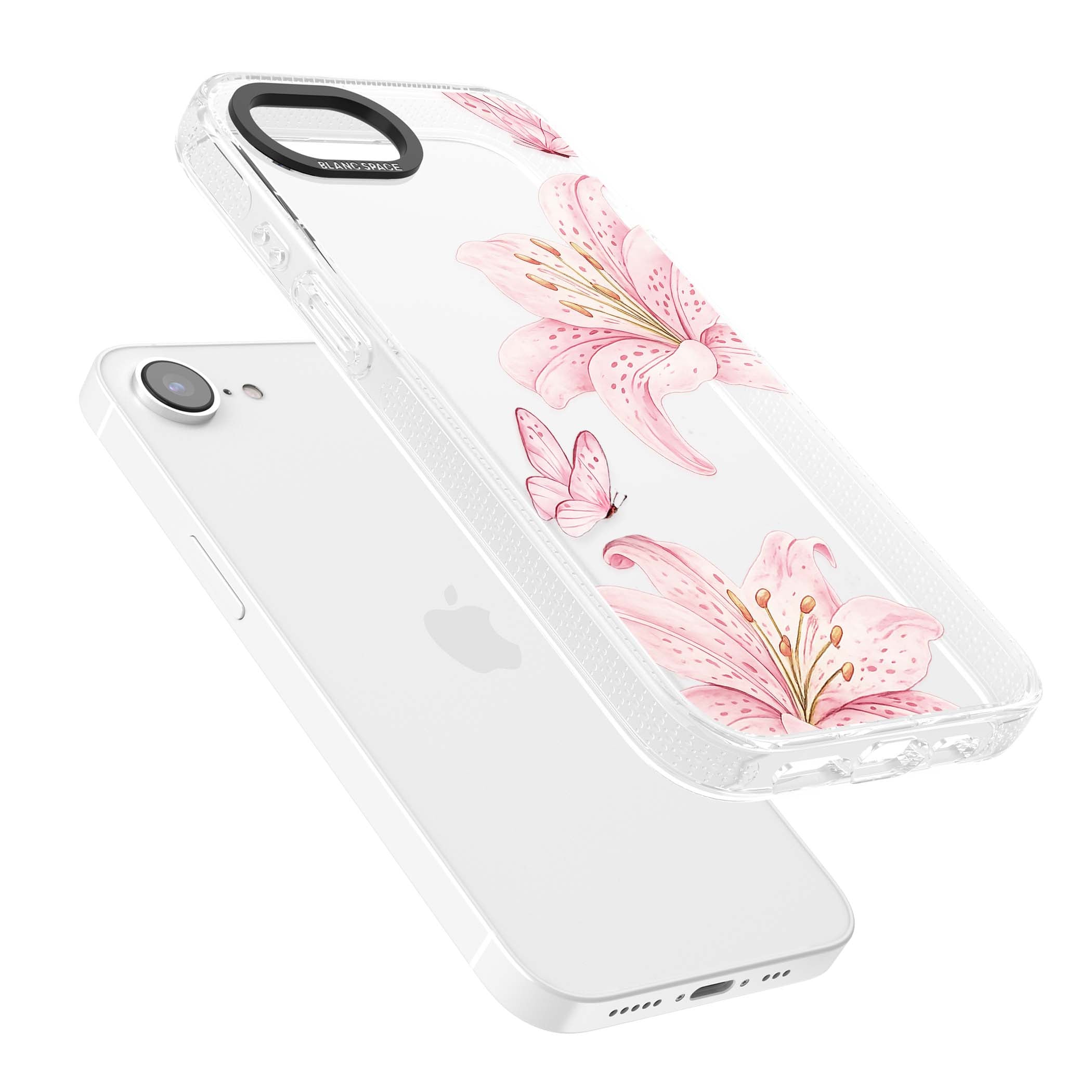 Lily Whisper floral iPhone case featuring pink watercolour lilies and delicate butterflies on a clear background | Clear Case Impact Air case for iPhone 16e, iPhone 17e