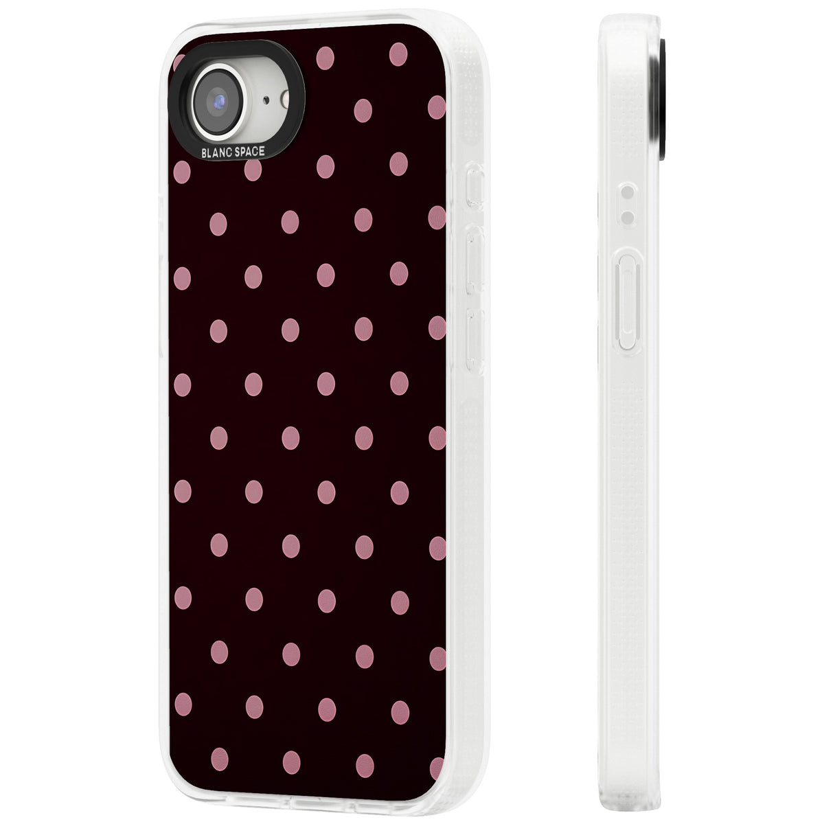 Merlot Dots polka dot iPhone case featuring dusty pink spots on a deep burgundy background in a retro grid iPhone 16e / iPhone 16E / iPhone 17e Impact Air Phone Case side