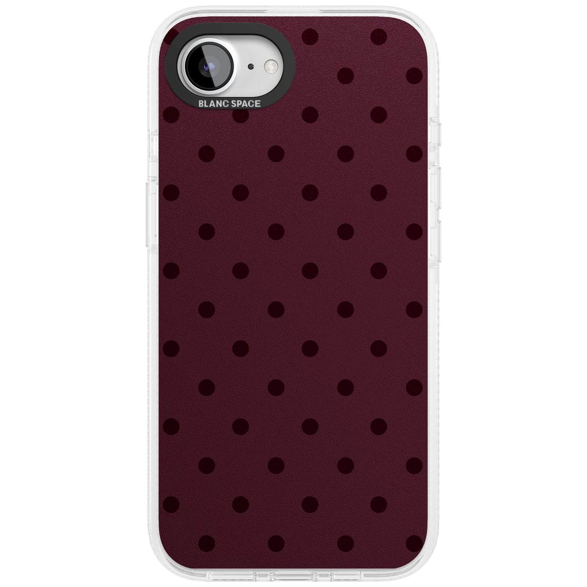 Burgundy Polka Dot minimalist iPhone case featuring black polka dots on a deep burgundy wine red background iPhone 16e / iPhone 16E / iPhone 17e Impact Air Phone Case front