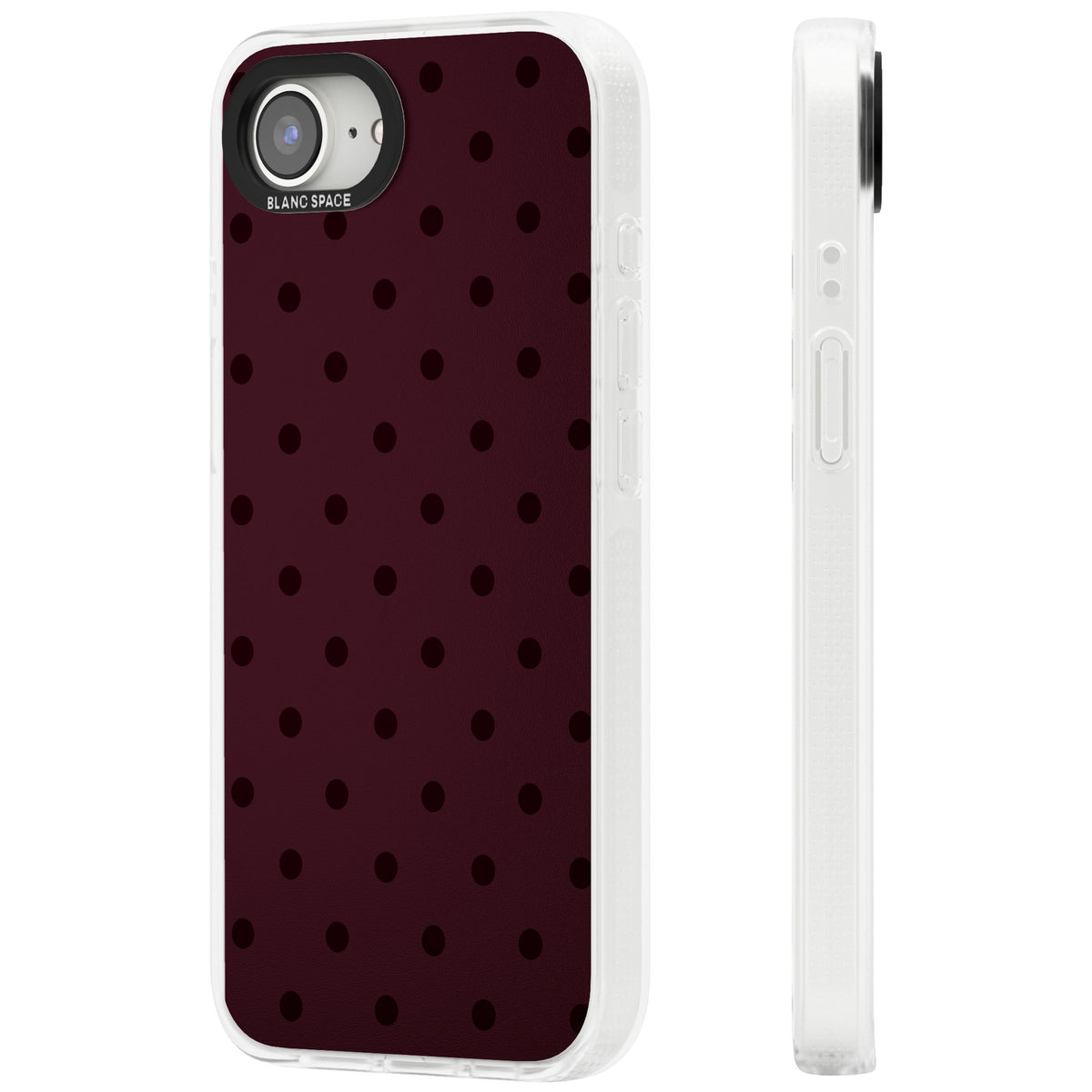 Burgundy Polka Dot minimalist iPhone case featuring black polka dots on a deep burgundy wine red background iPhone 16e / iPhone 16E / iPhone 17e Impact Air Phone Case side